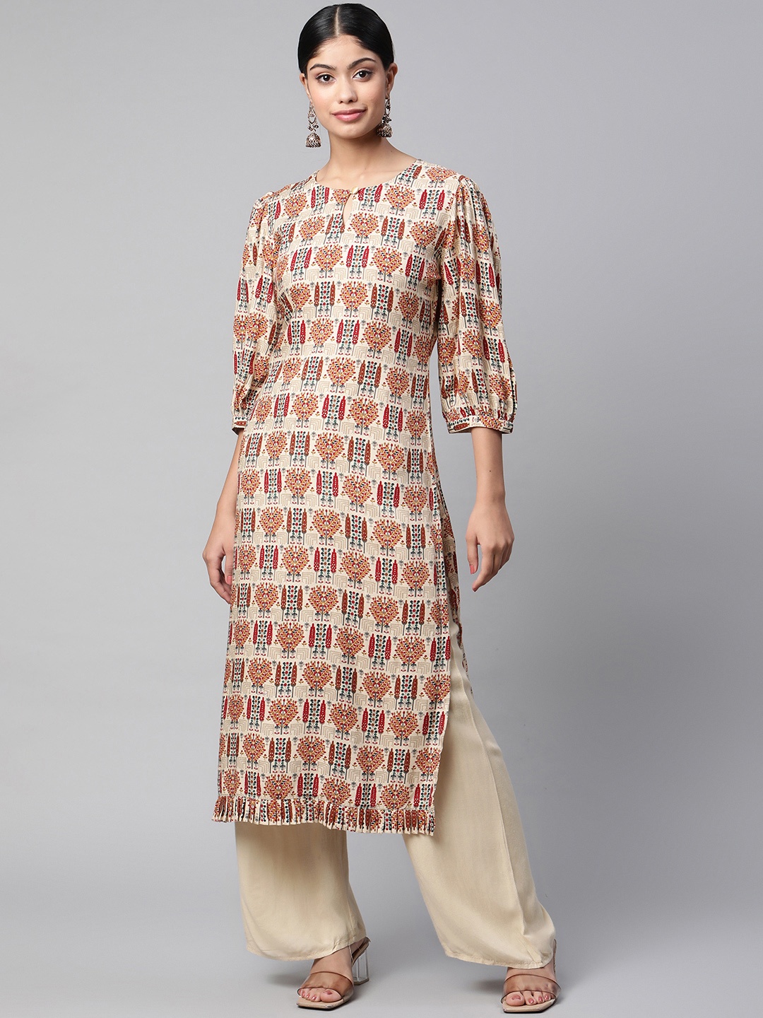 

V TRADITION Women Beige & Red Ethnic Motifs Printed Kurta