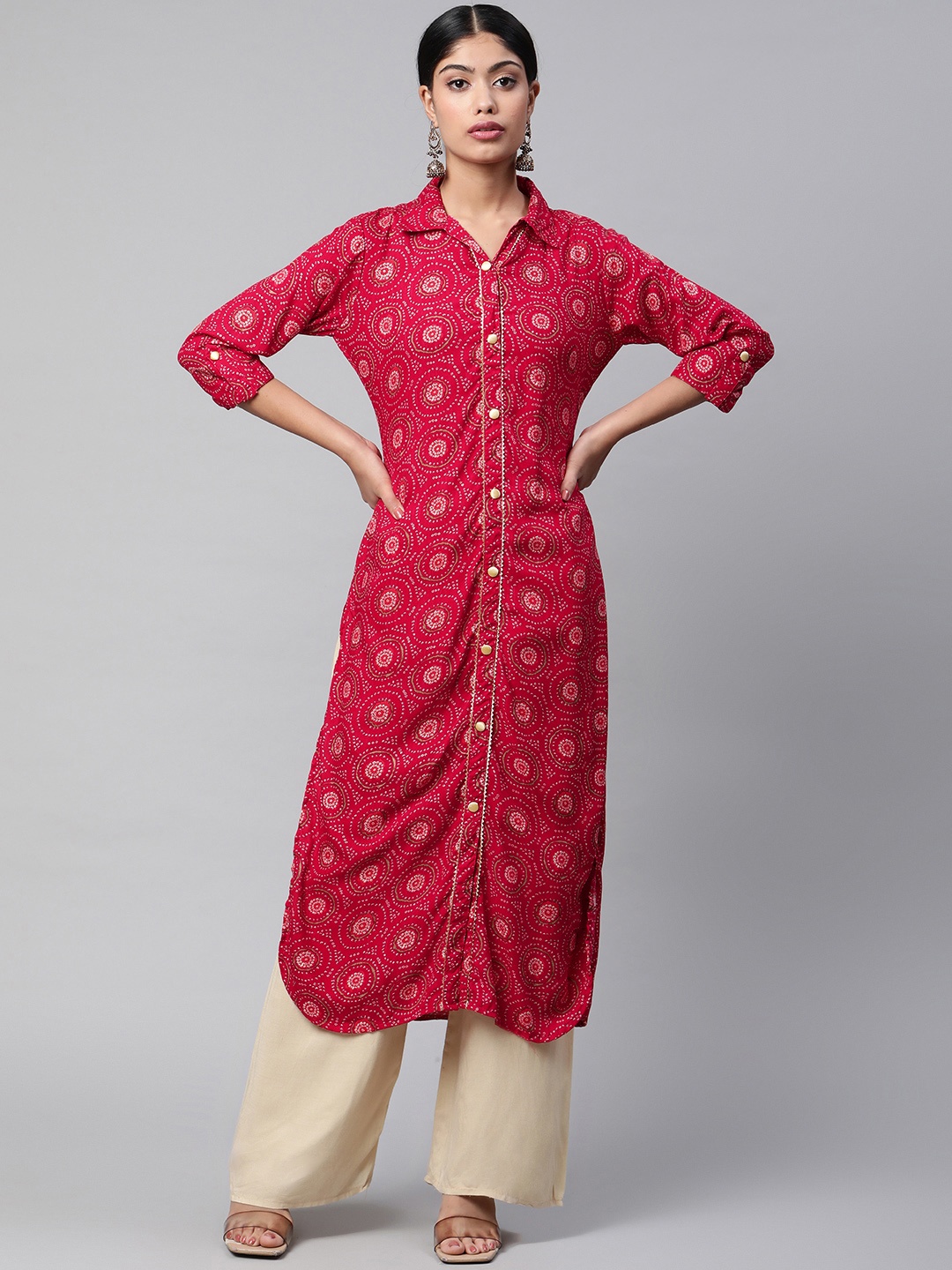

V TRADITION Women Red Bandhani Printed Kurta