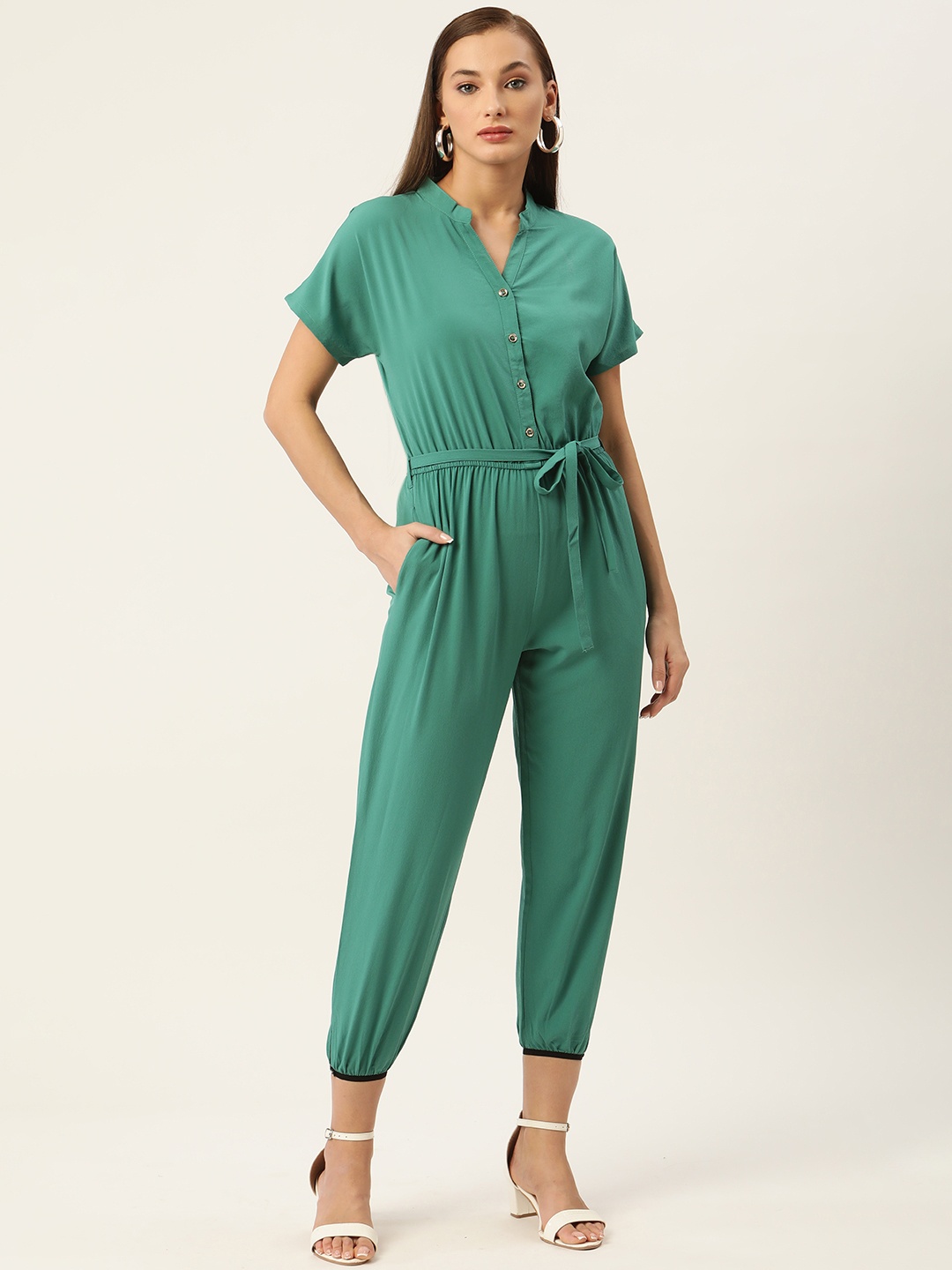 

Rue Collection Green Belted Basic Jumpsuit
