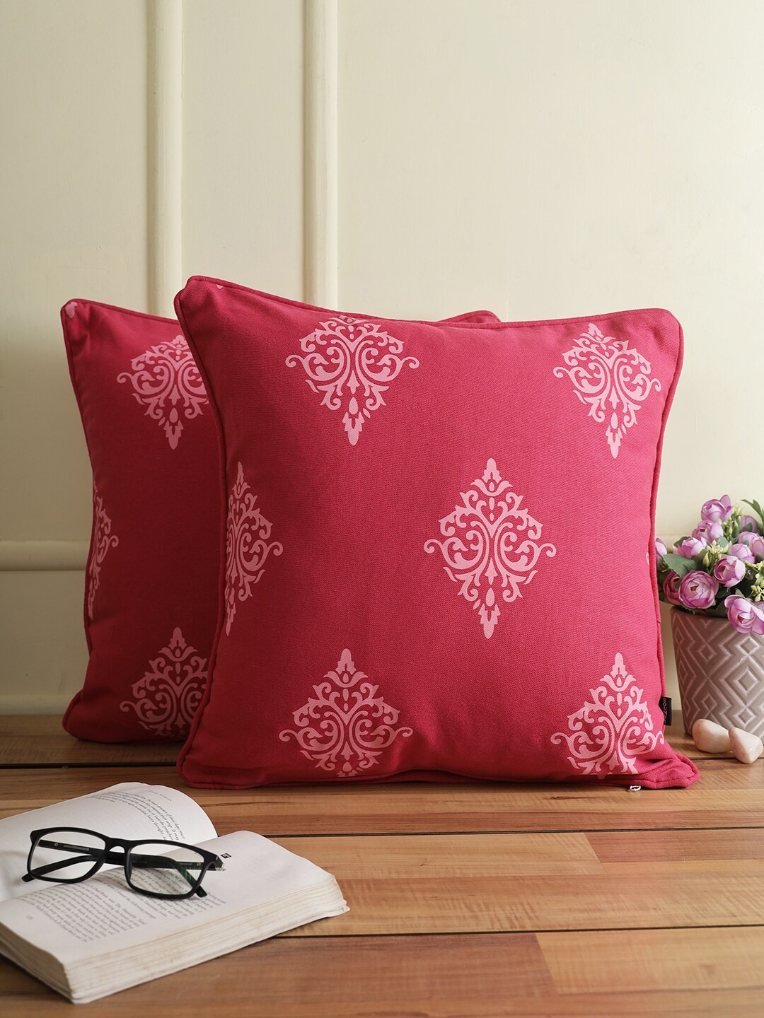 

Soumya Pink Set of 2 Ethnic Motifs Printed Square Cotton Cushion Covers