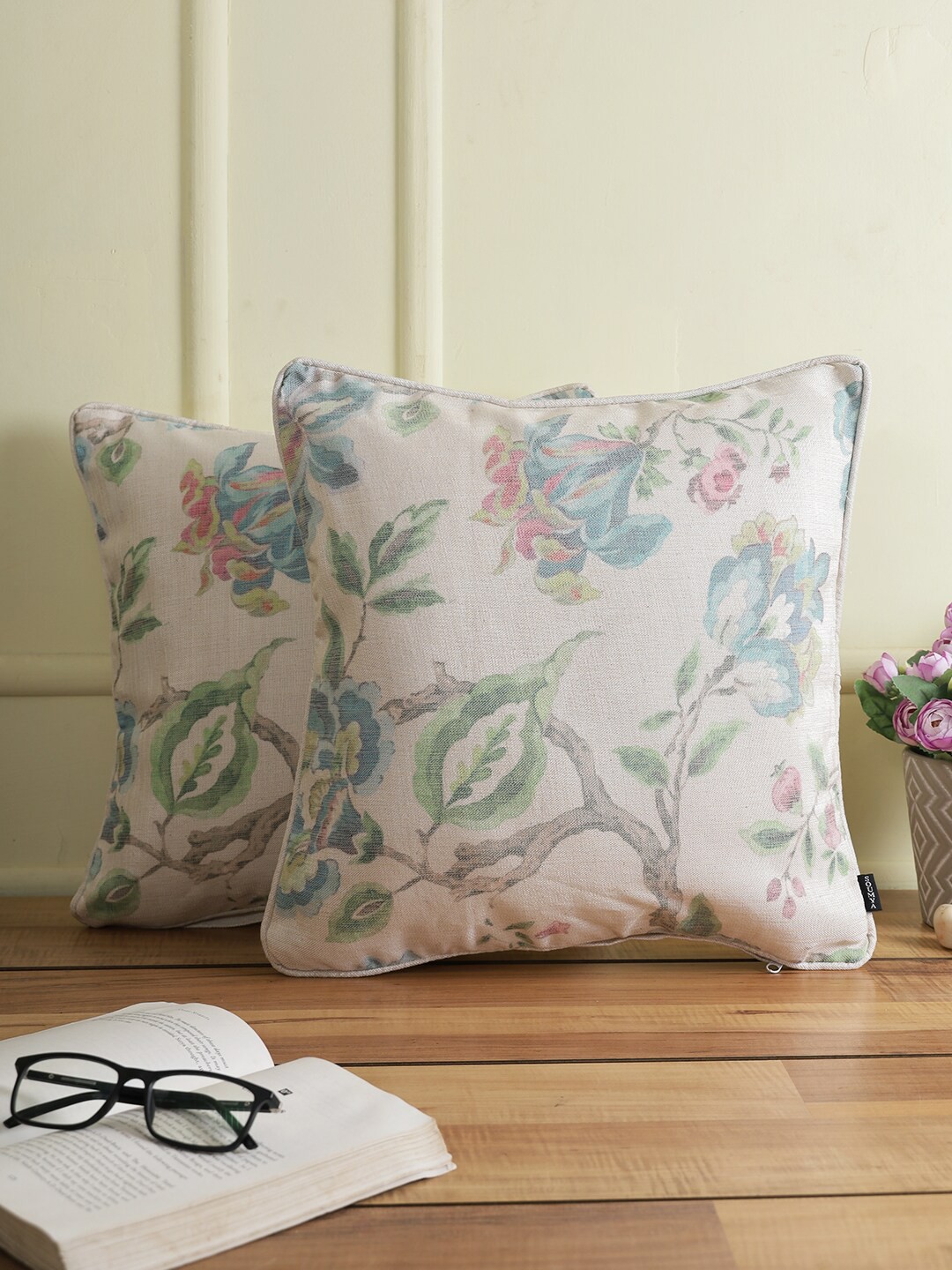 

Soumya Turquoise Blue & White Set of 2 Floral Square Cushion Covers