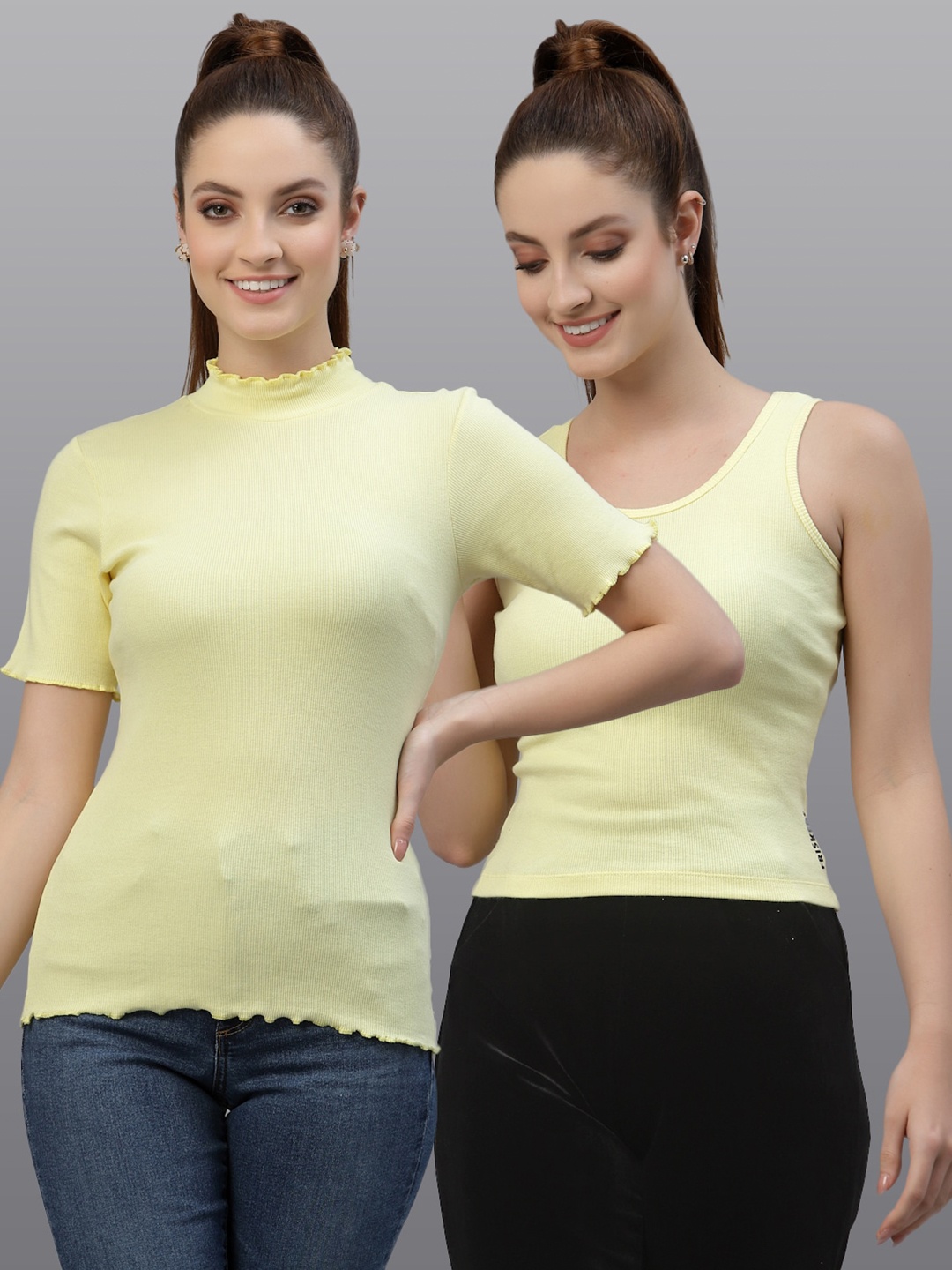 

Friskers Women Yellow High Neck Ribbed Top Pack Of 2