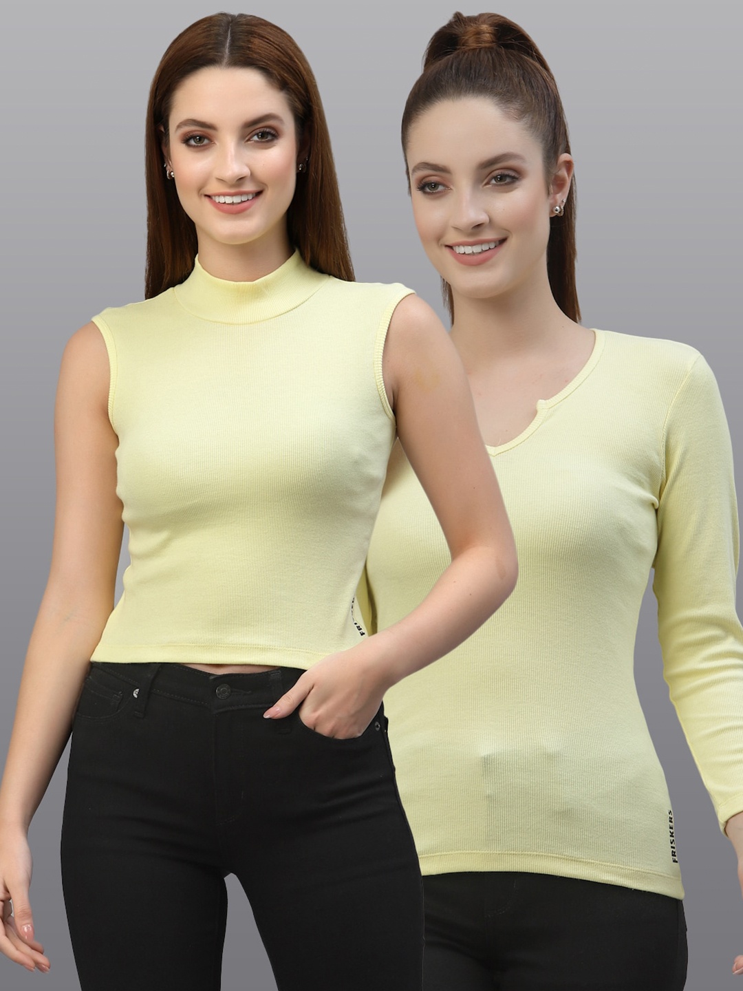 

Friskers Women Yellow Pack of 2 Cotton Rib Top