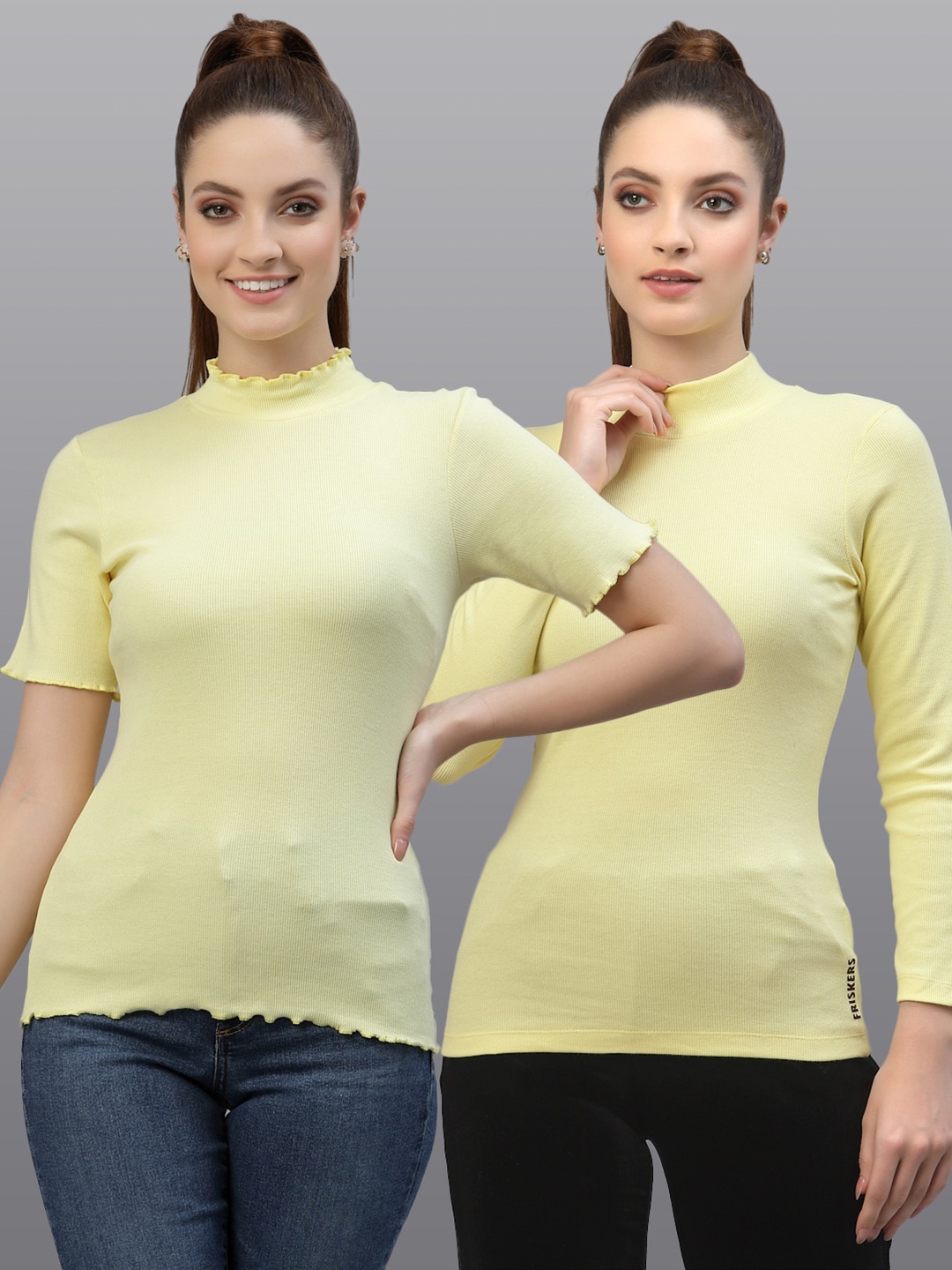 

Friskers Women Yellow High Neck Ribbed Top Pack Of 2