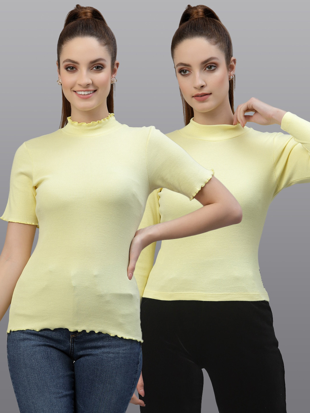 

Friskers Women Pack of 2 Yellow Solid Fitted Cotton Rib Top