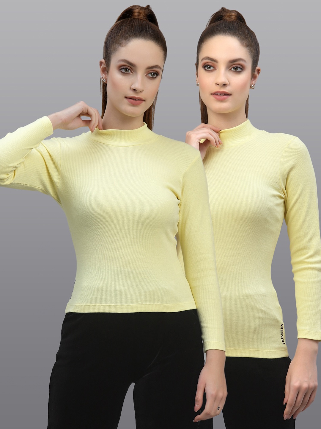 

Friskers Women Pack of 2 Yellow Solid Fitted Cotton Rib Top