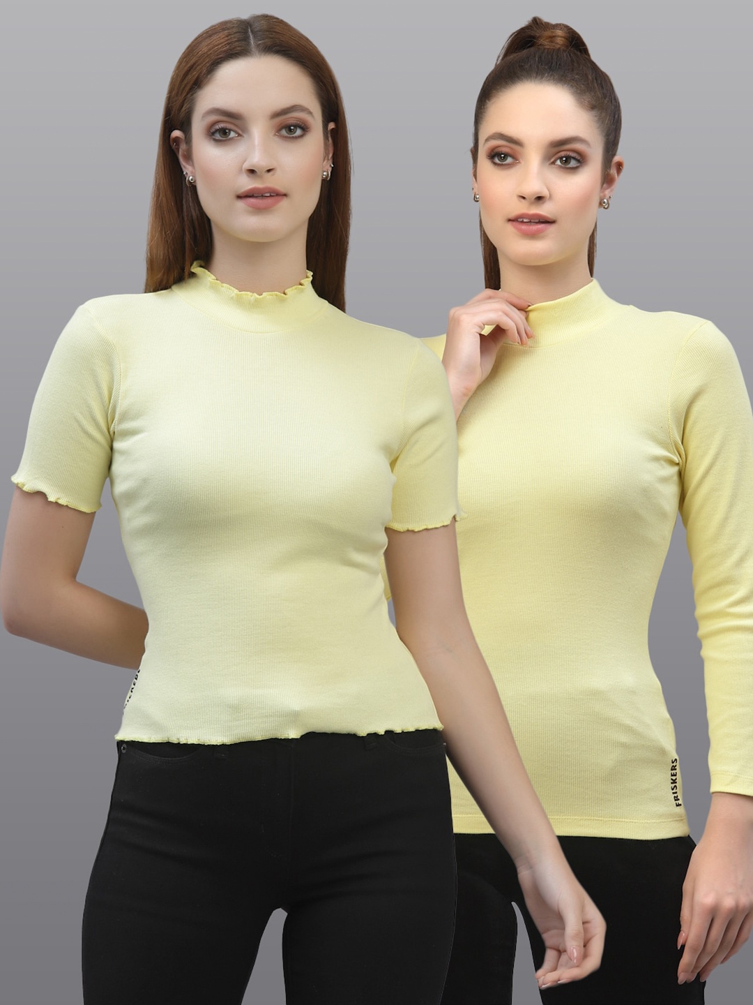 

Friskers Women Yellow High Neck Ribbed Top Pack Of 2