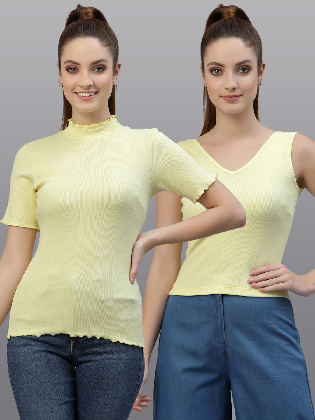 

Friskers Women Pack of 2 Yellow Solid Fitted Cotton Rib Top