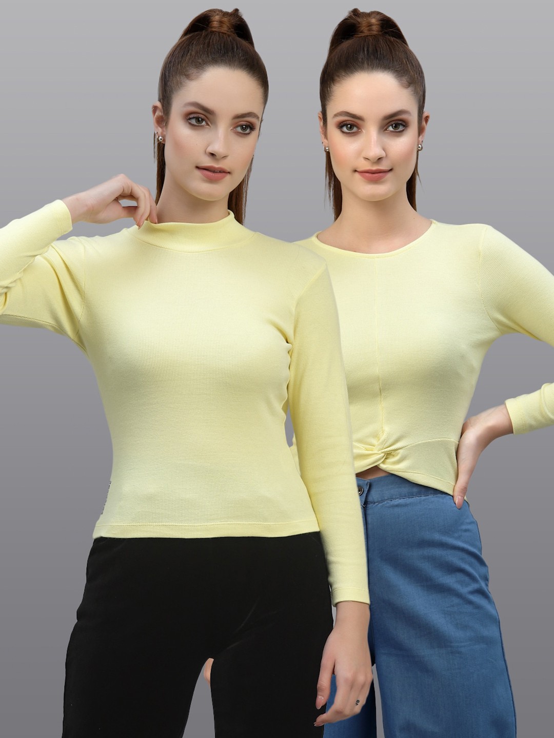 

Friskers Women Pack of 2 Yellow Solid Fitted Cotton Rib Top