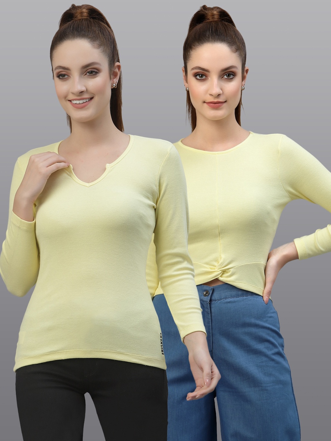 

Friskers Women Yellow Long Sleeves Ribbed Top Pack Of 2