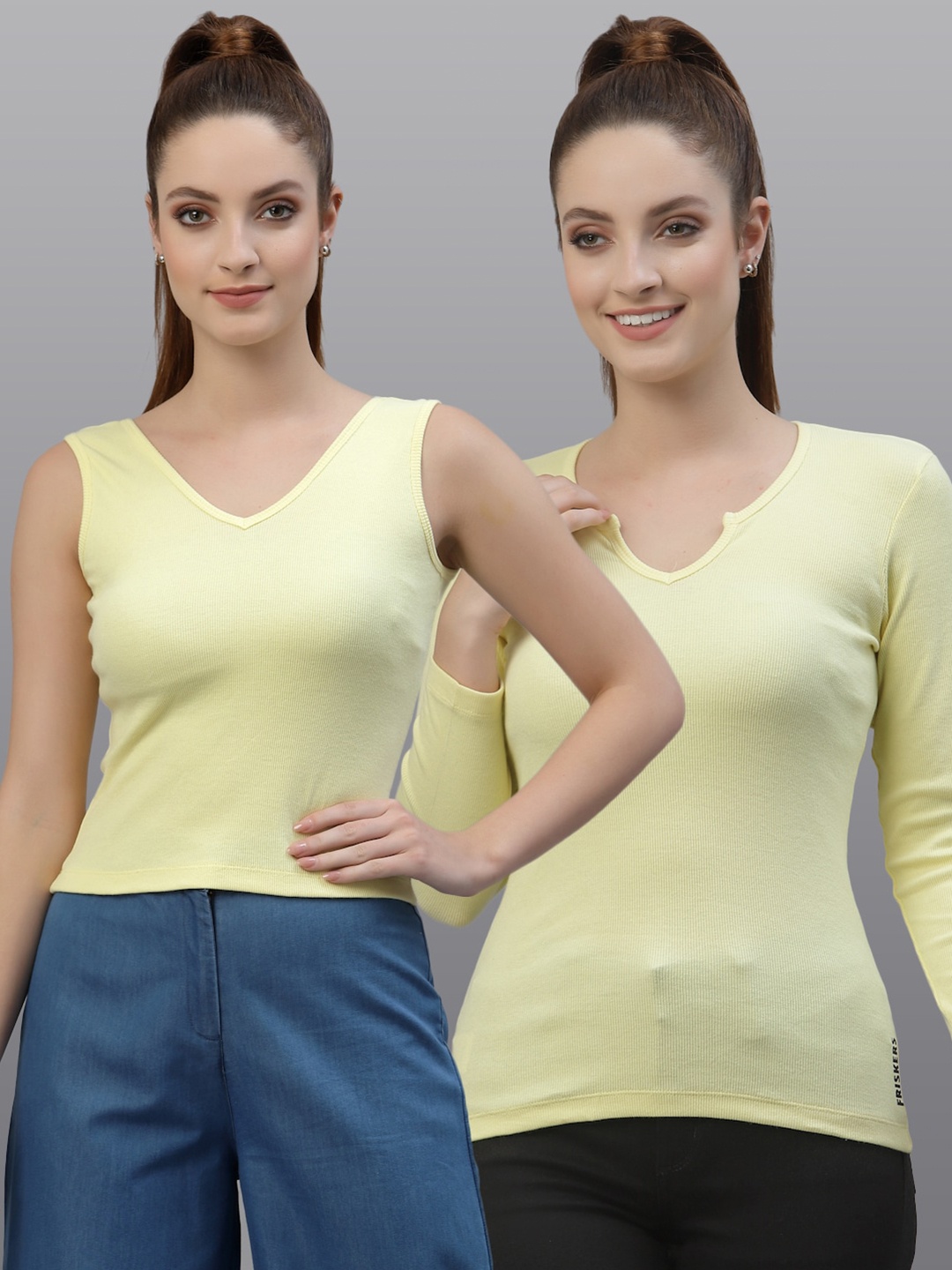 

Friskers Women Pack of 2 Solid Tops, Yellow