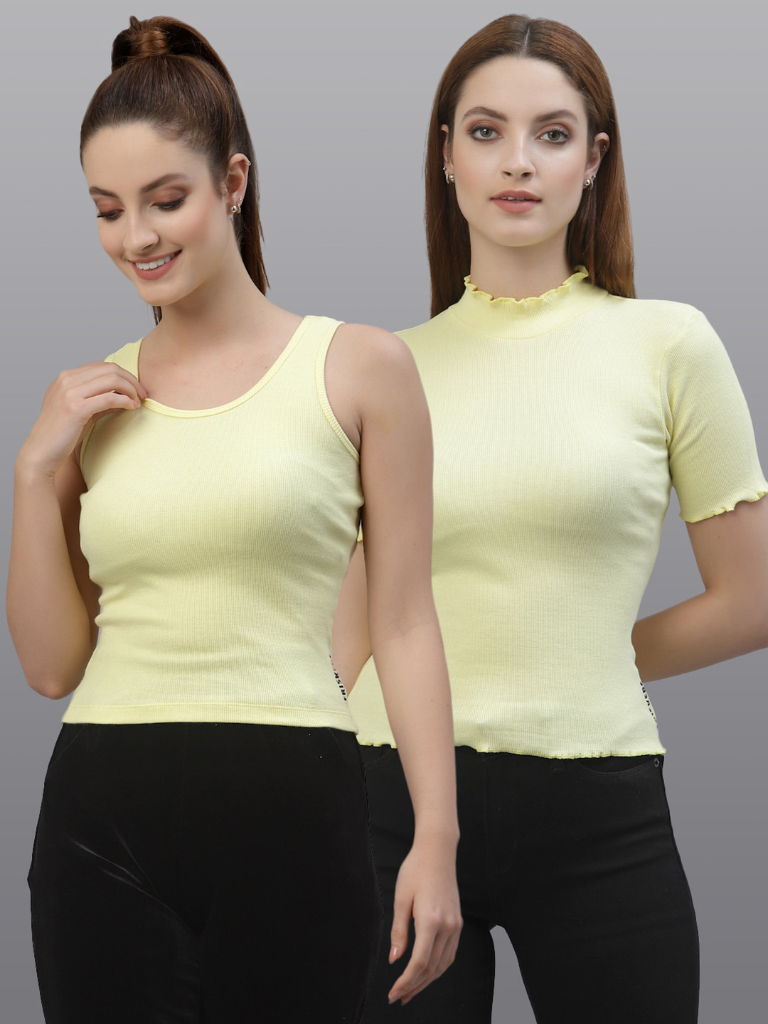 

Friskers Women Pack of 2 Solid Tops, Yellow