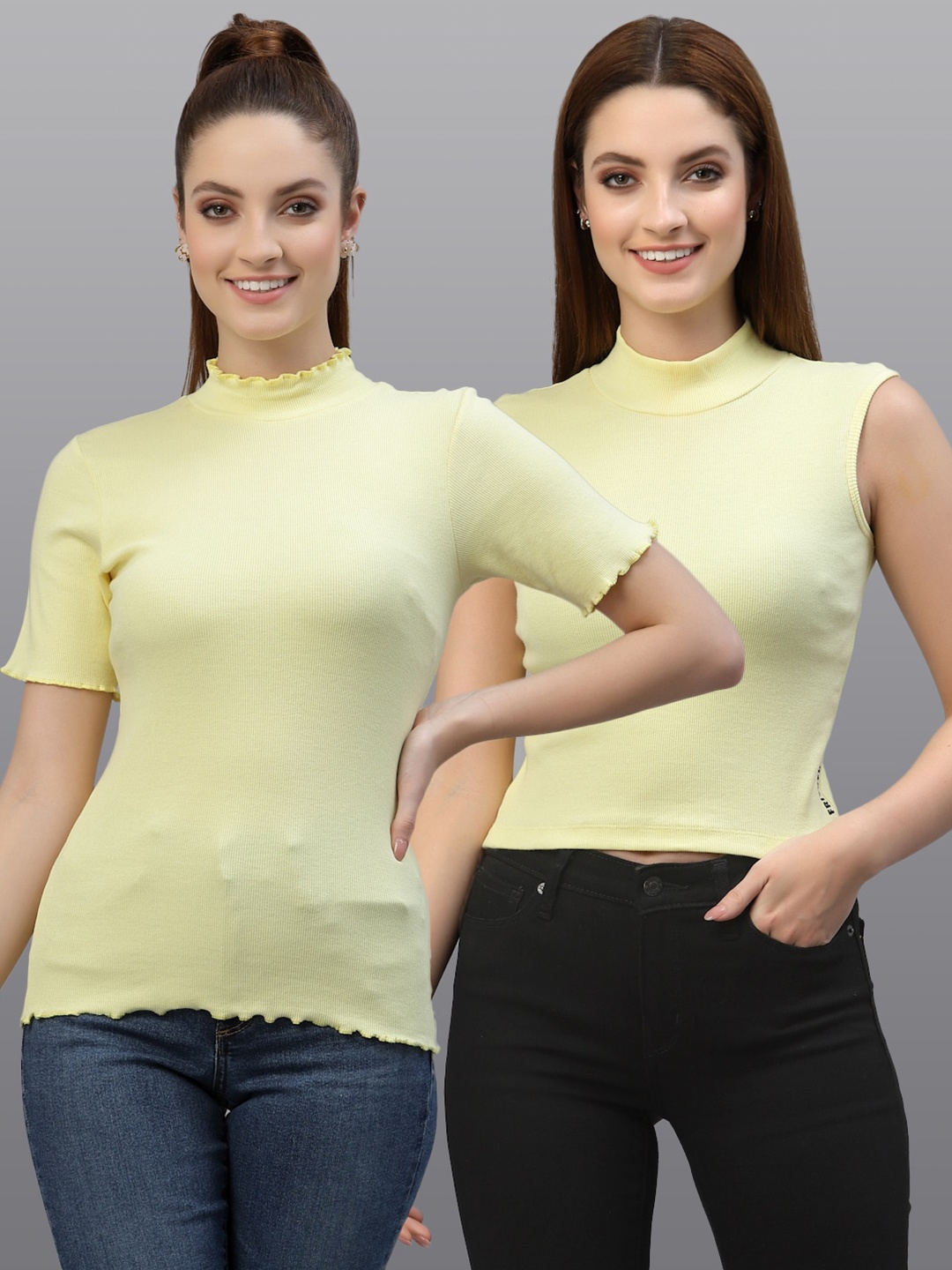 

Friskers Women Pack of 2 Solid Tops, Yellow