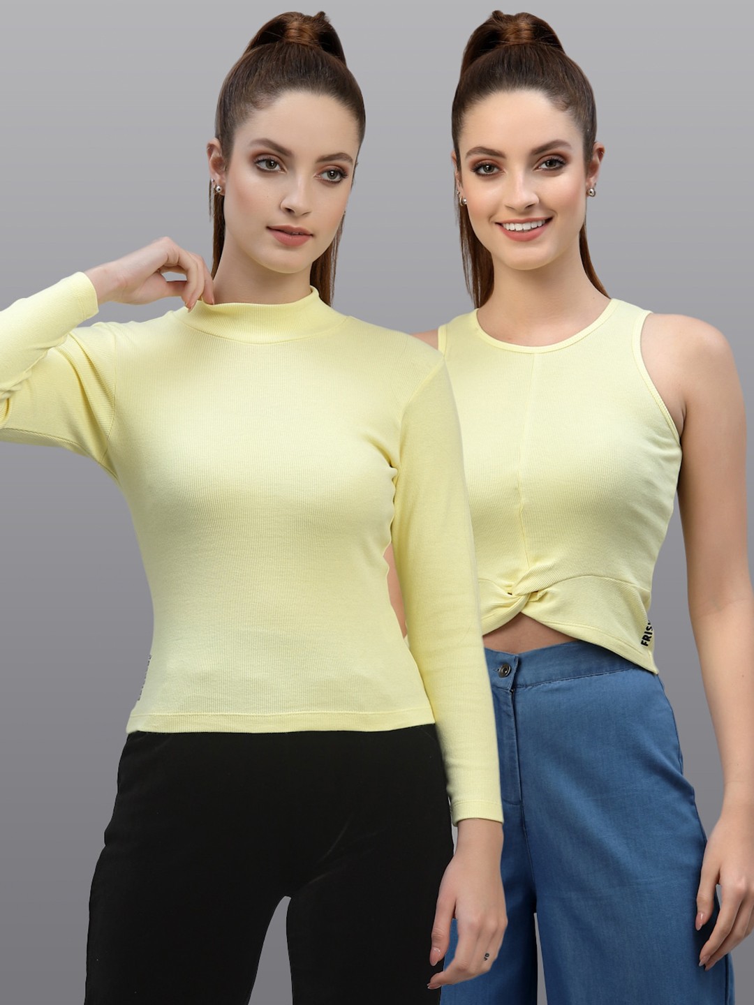 

Friskers Women Yellow High Neck Ribbed Top Pack Of 2