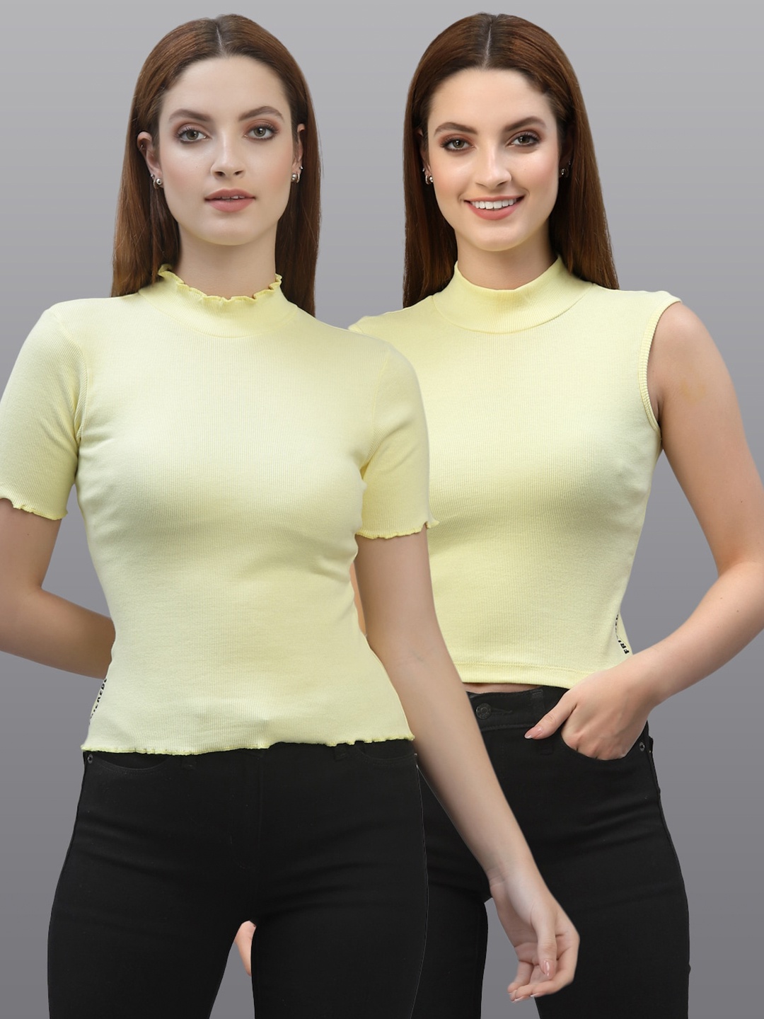 

Friskers Women Yellow High Neck Ribbed Top Pack Of 2