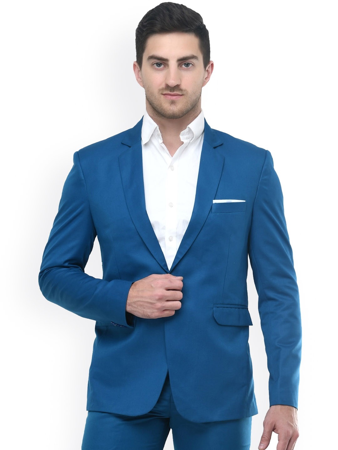 

TrulyFeb Blue Solid Single Breasted Slim Fit Pure Cotton Formal Blazer