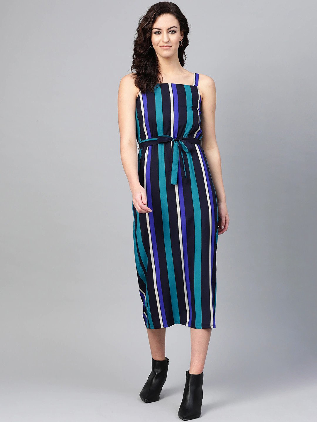 

SIRIKIT Blue Striped Crepe A-Line Midi Dress