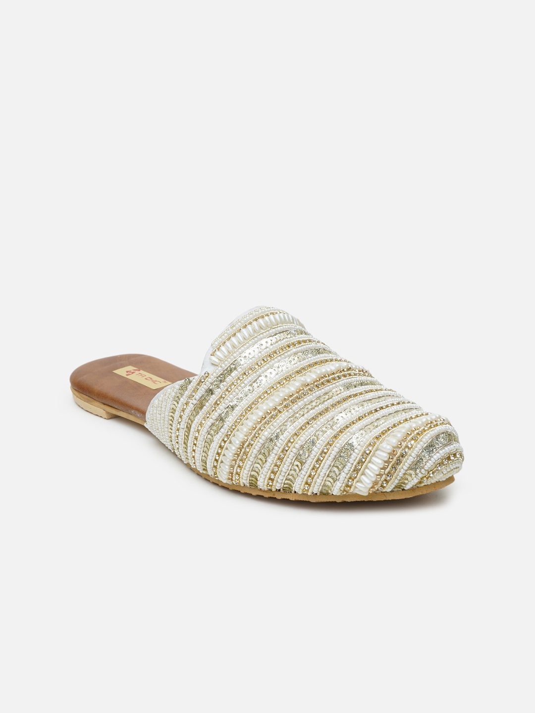 

Ta Chic Women White Striped Ethnic Mules Flats