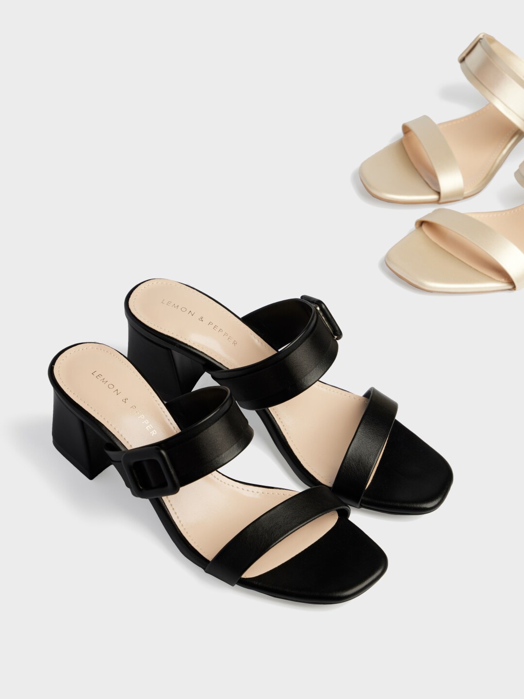 

LEMON & PEPPER Black PU Block Sandals with Buckles