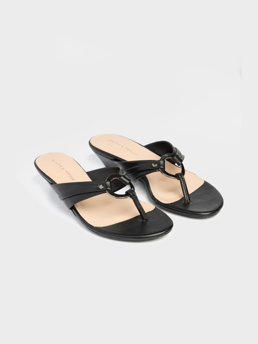

LEMON & PEPPER Black Embellished PU Kitten Sandals