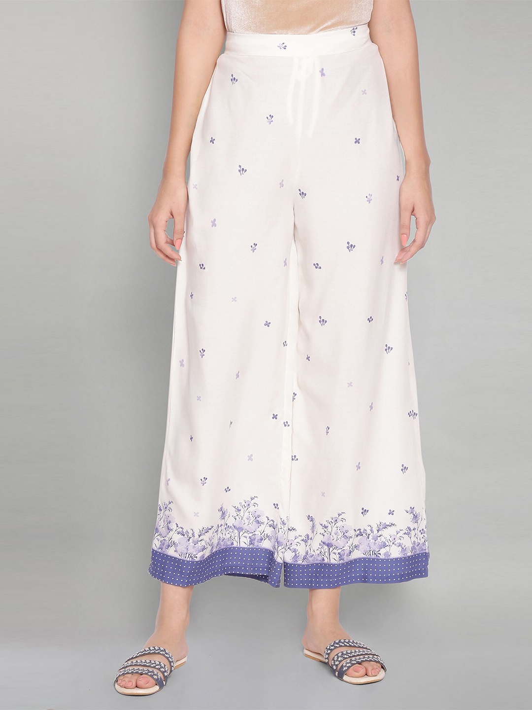 

W Women Beige & Blue Floral Printed Ethnic Palazzos