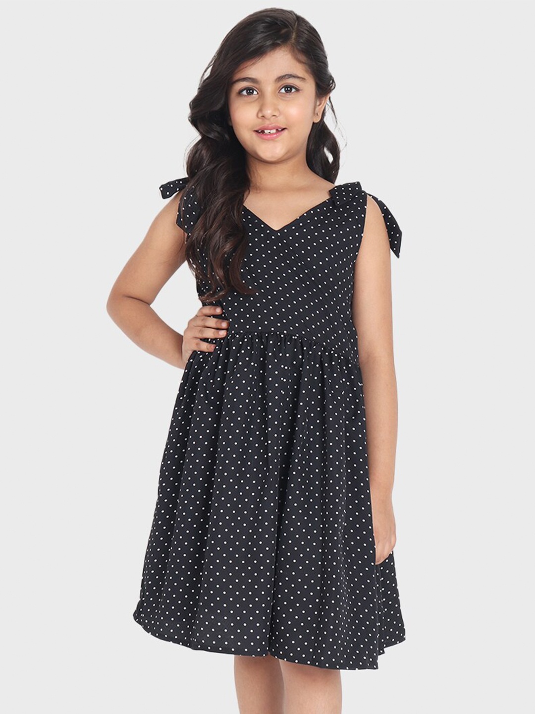 

YK Girls Black Polka Dot Shoulder Tie-Up Fit-Flare Dress
