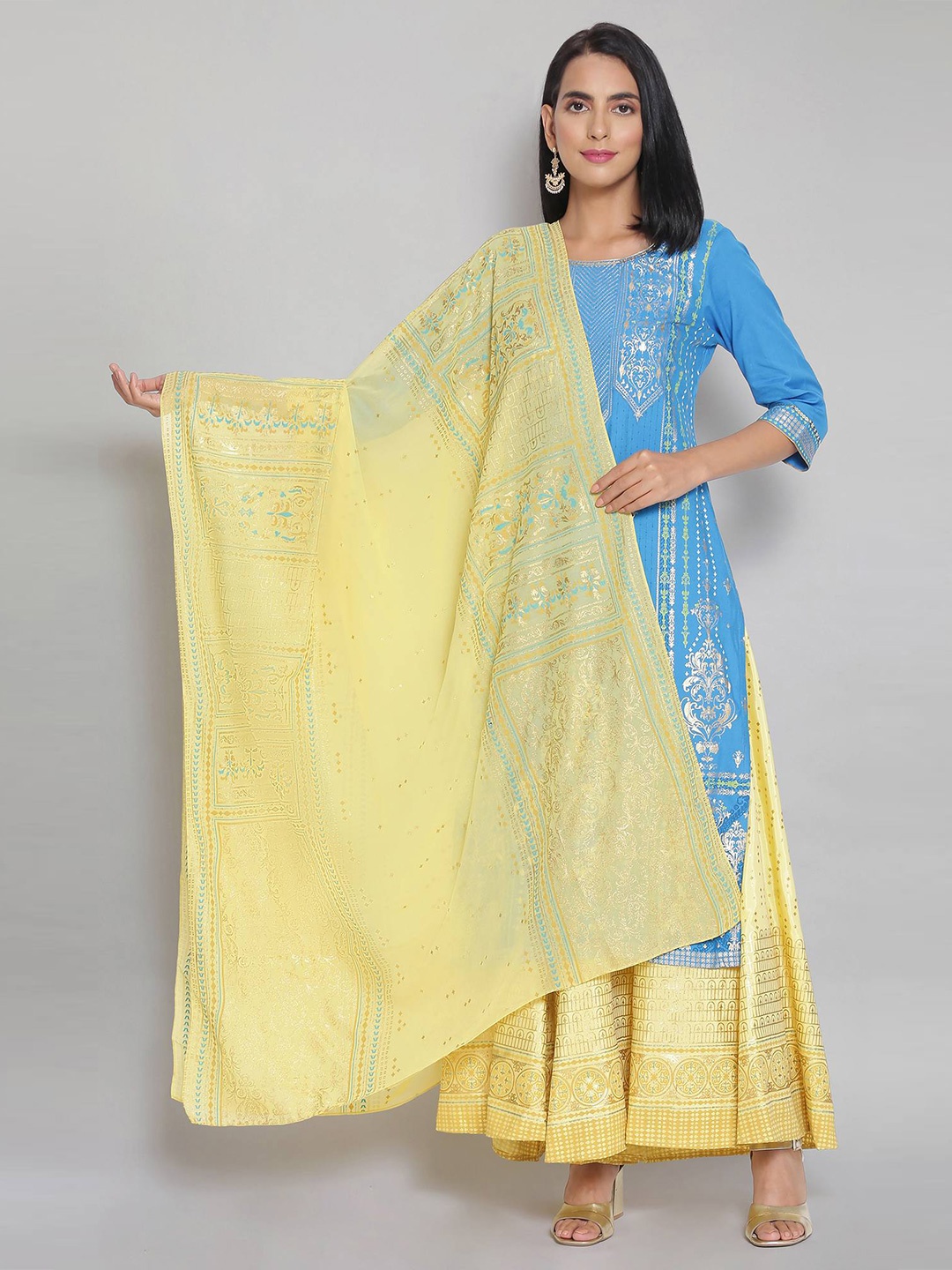 

AURELIA Women Gold-Toned & Blue Ethnic Motifs Printed Dupatta