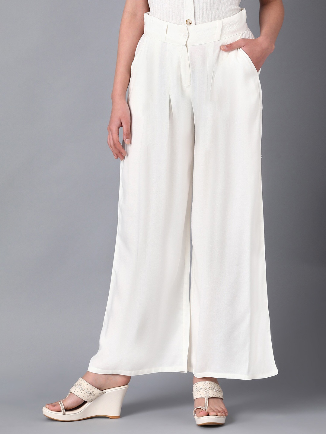 

W Women Beige Solid Ethnic Wide Leg Palazzos