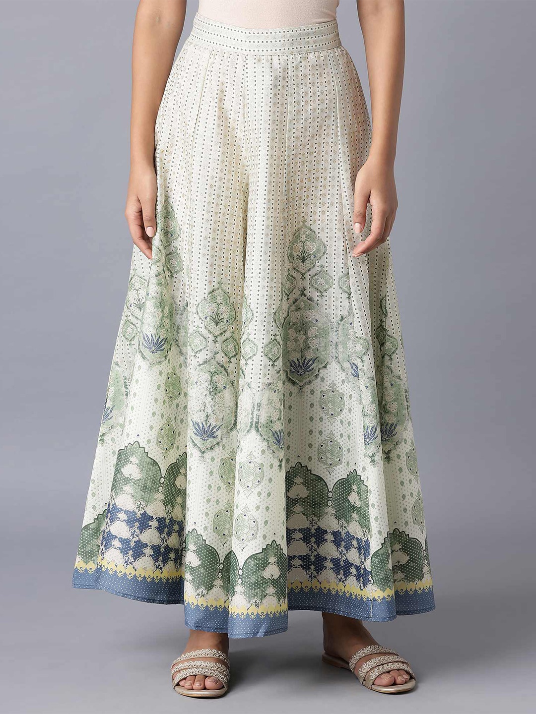 

W Women Green & White Floral Printed Flared Ethnic Palazzos