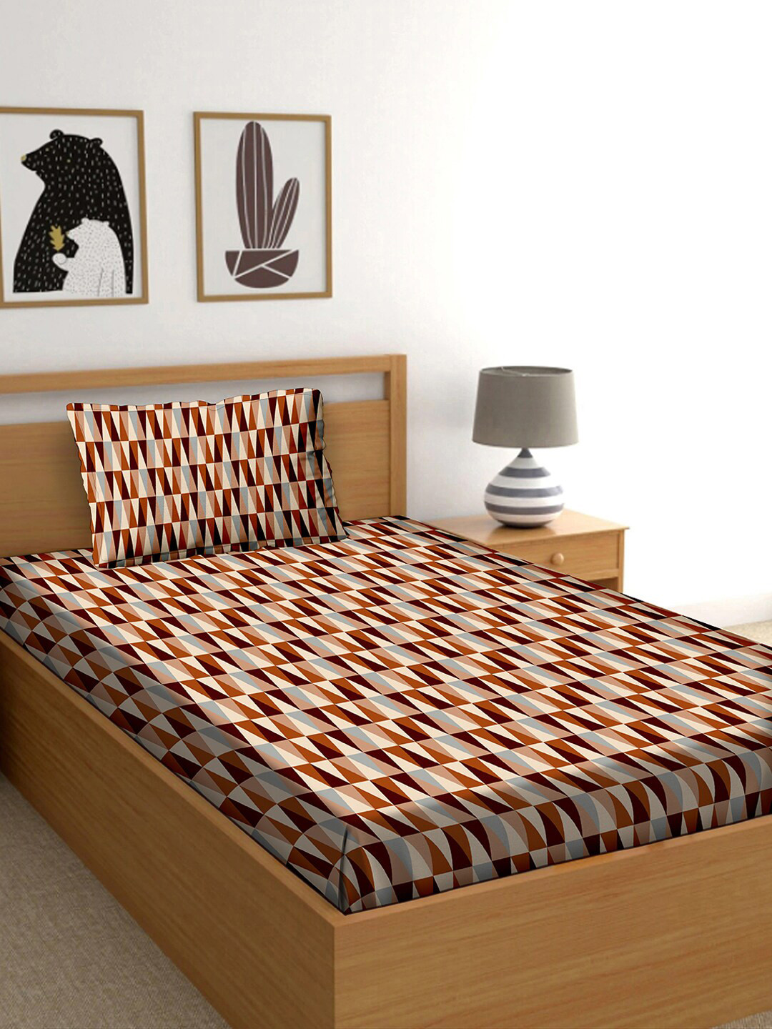 

BELLA CASA Brown & Grey Geometric 150 TC Single Cotton Bedsheet with 1 Pillow Cover