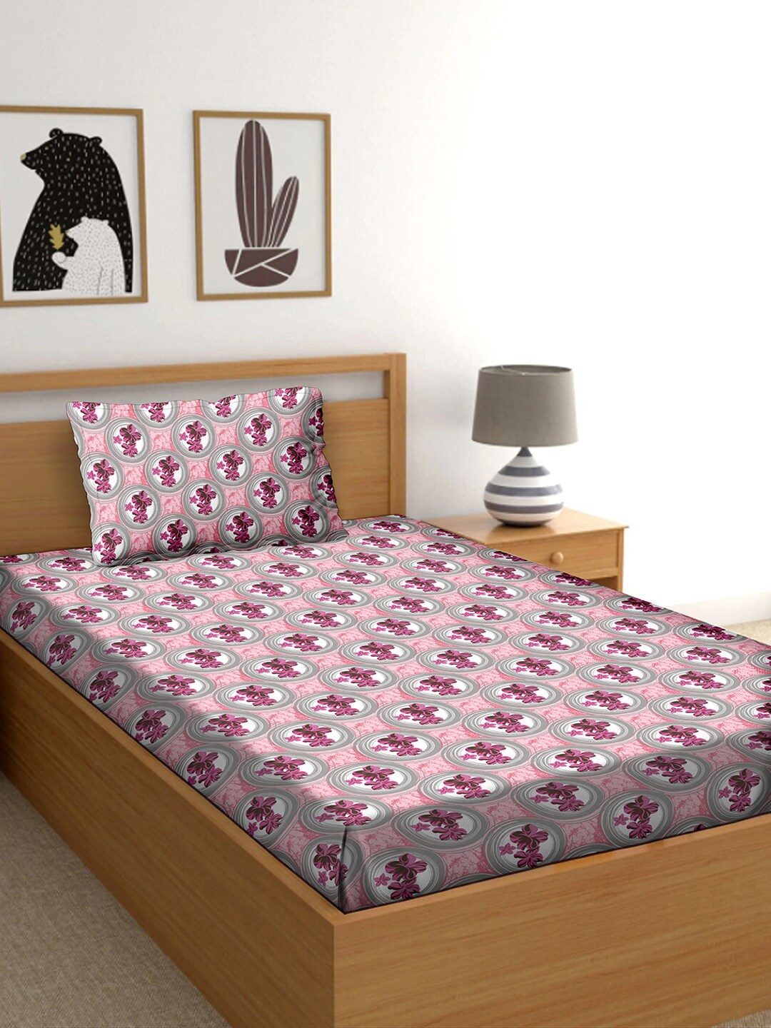 

BELLA CASA Pink & Grey Ethnic Motifs 150 TC Cotton Single Bedsheet with 1 Pillow Cover