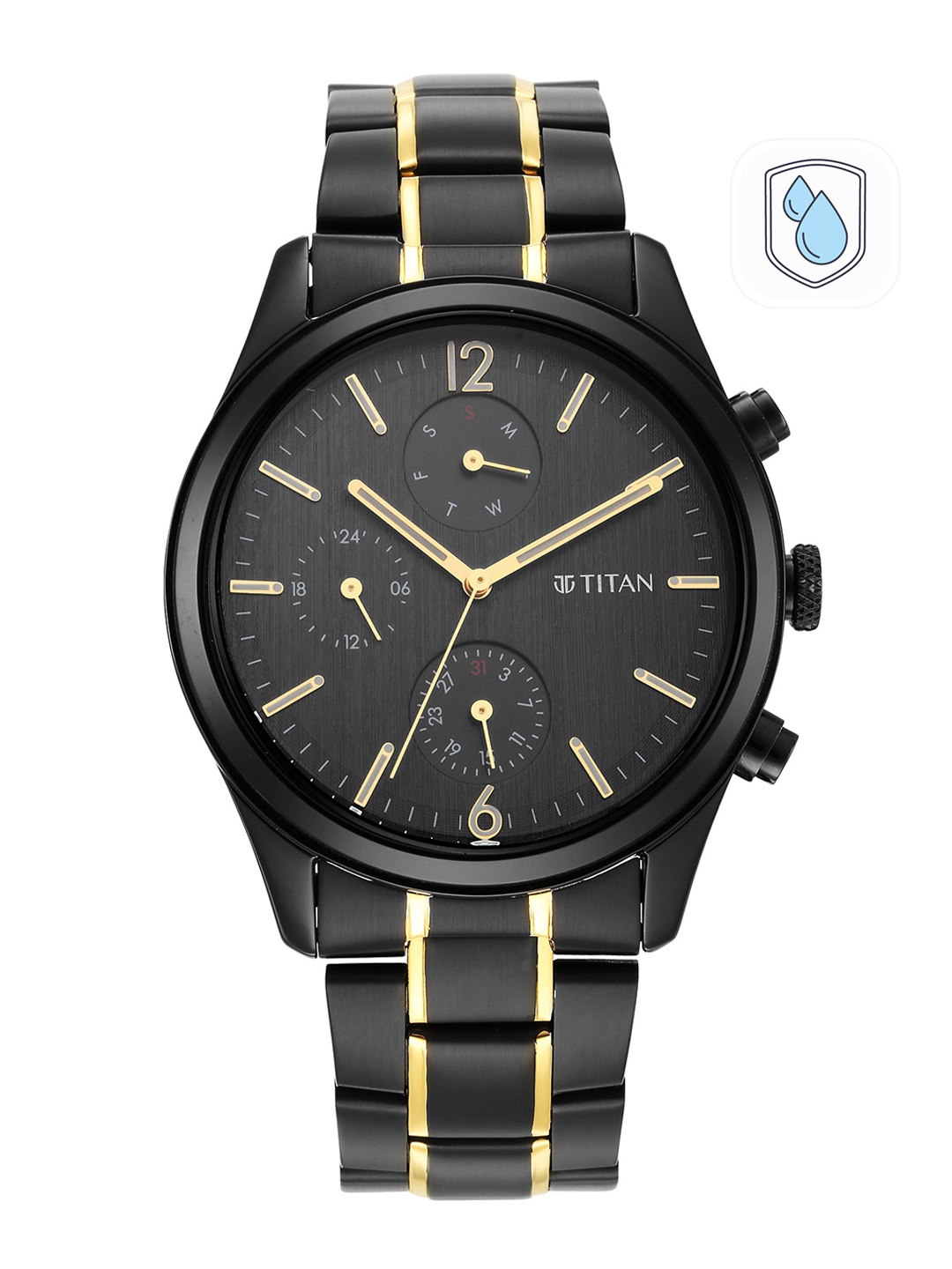 

Titan Men Black Brass Dial & Stainless Steel Bracelet Style Straps Analogue Watch 1805KM03