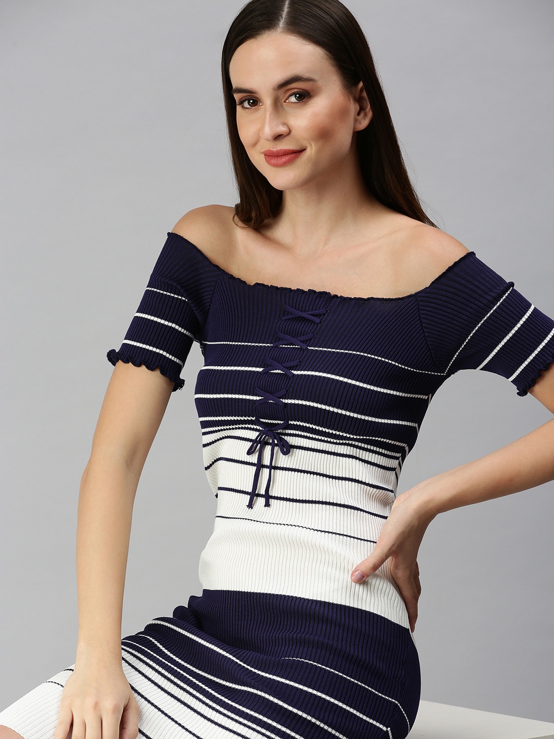 

SHOWOFF Navy Blue Striped Off-Shoulder Sheath Dress