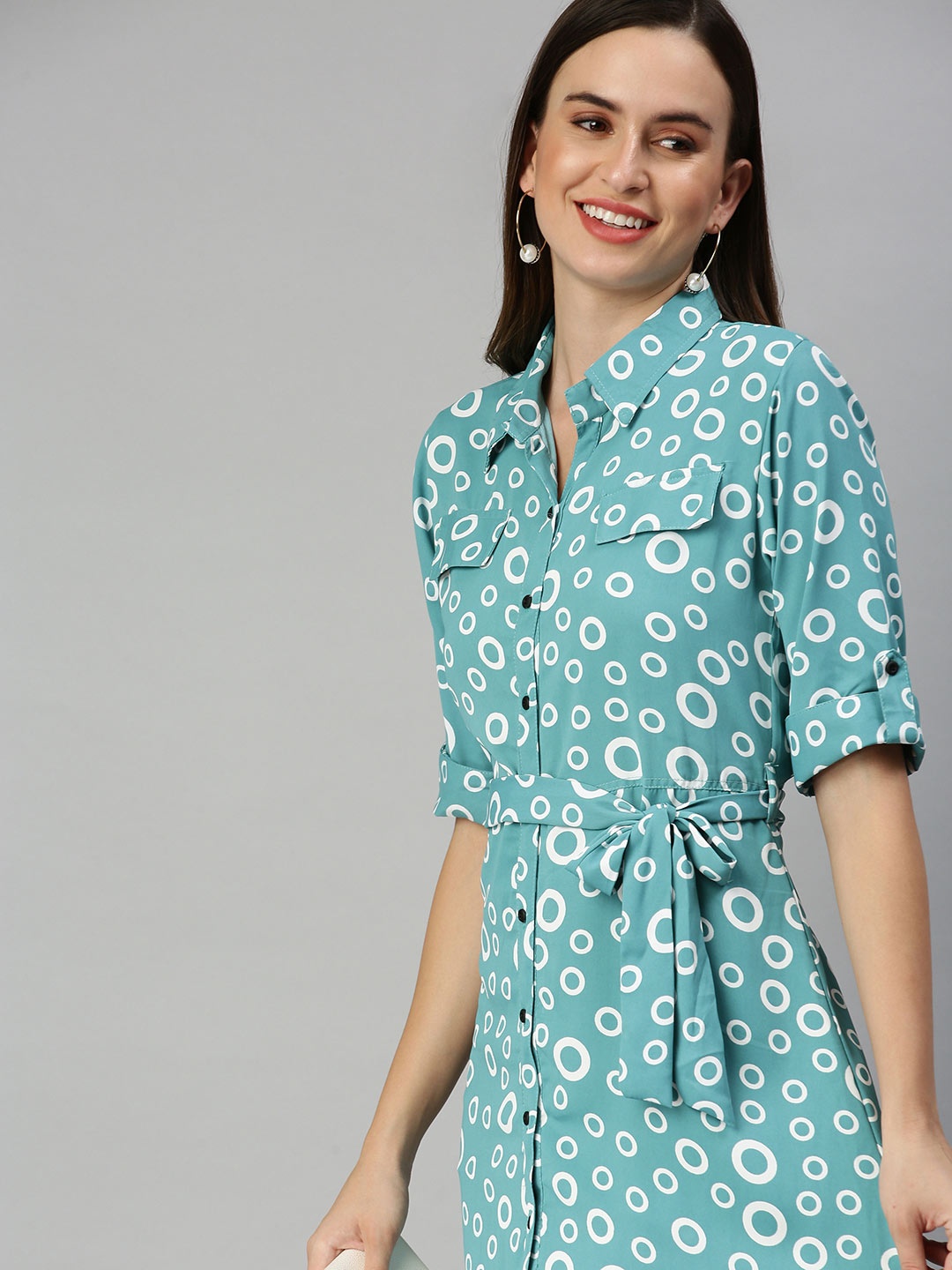 

SHOWOFF Sea Green Floral Shirt Midi Dress