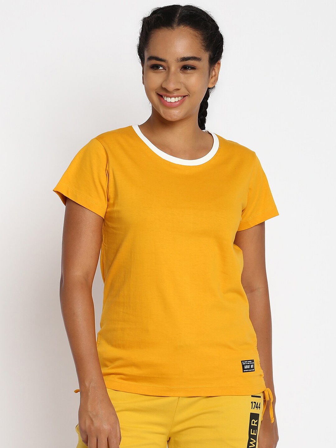 

abof Women Yellow Raw Edge Slim Fit T-shirt