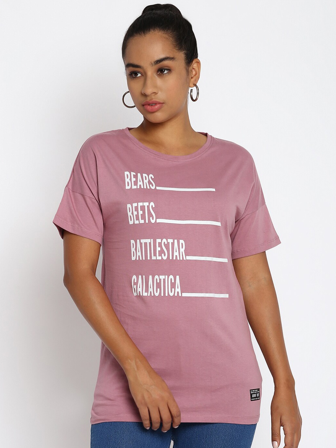 

abof Women Purple Typography Printed Raw Edge Loose T-shirt