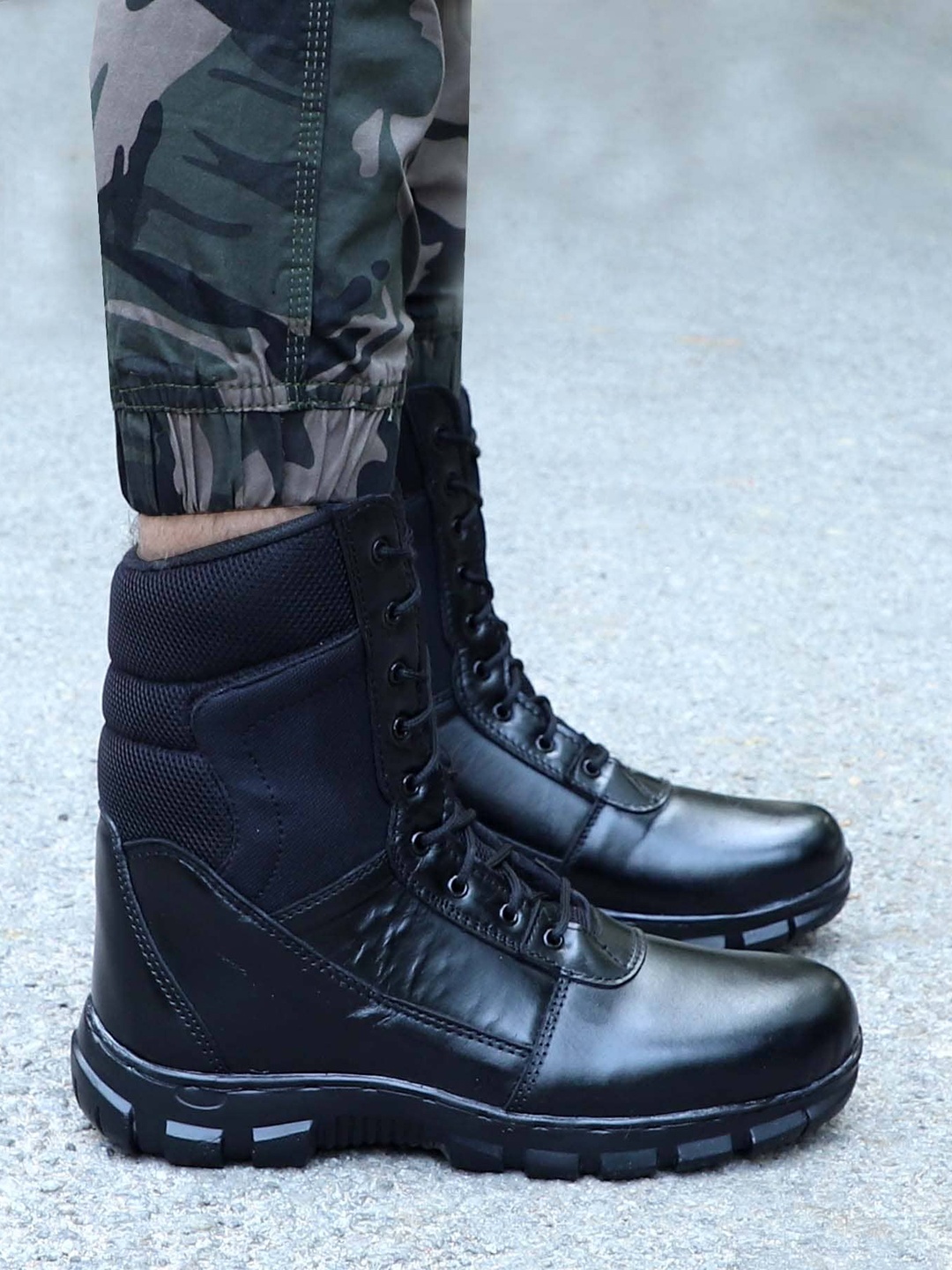 

Eego Italy Men Black Genuine Leather Army Combat Mid-Top Boots