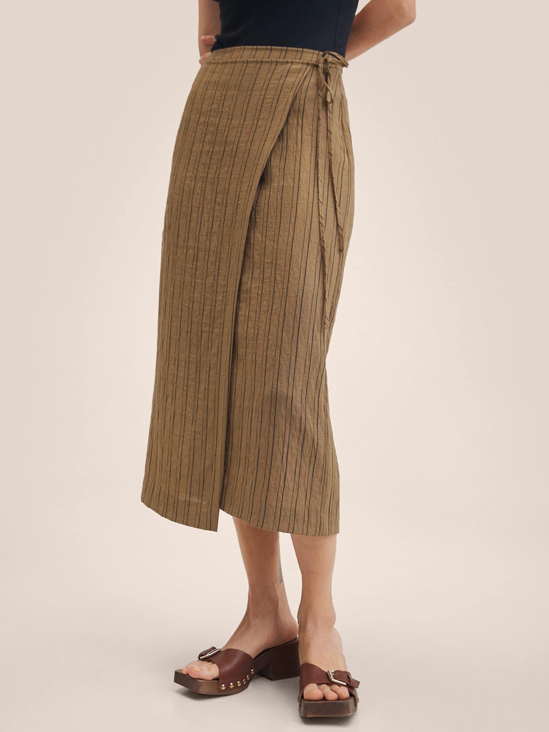 

MANGO Women Brown & Black Woven Striped Wrap Midi Skirt