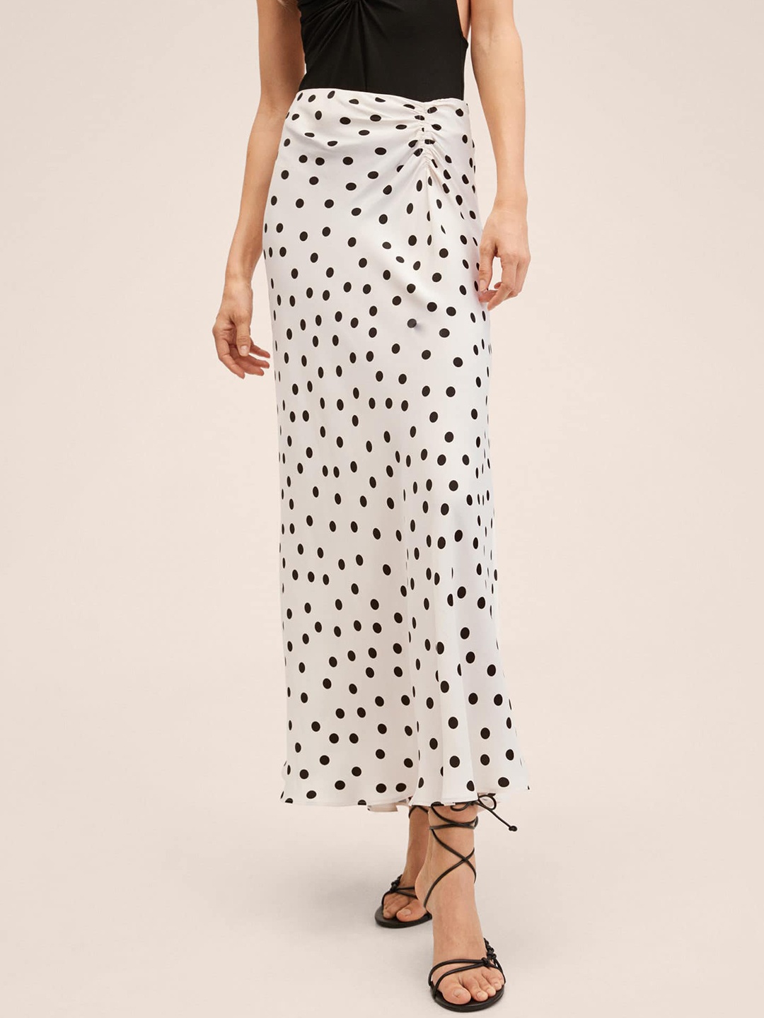 

MANGO Off-White & Black Polka Dots Print Satin Finish Ruched A-Line Maxi Skirt