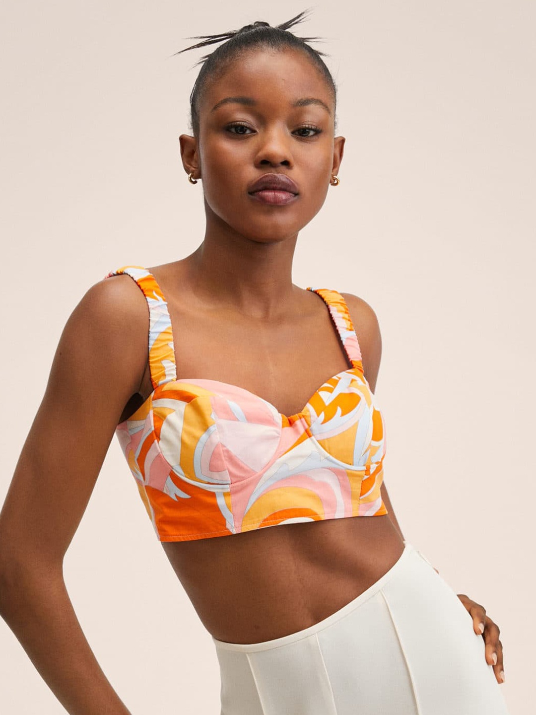 

MANGO Orange & Off White Pure Cotton Printed Sweetheart Neck Bralette Crop Top