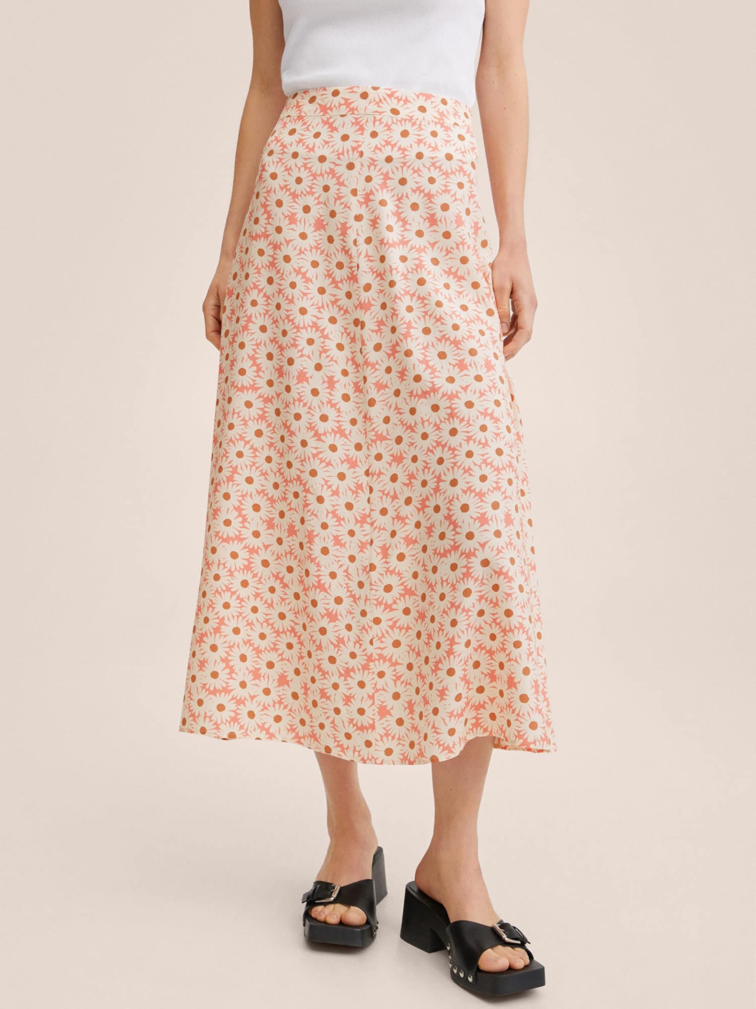 

MANGO Women Pink & Off-White Floral Skirt