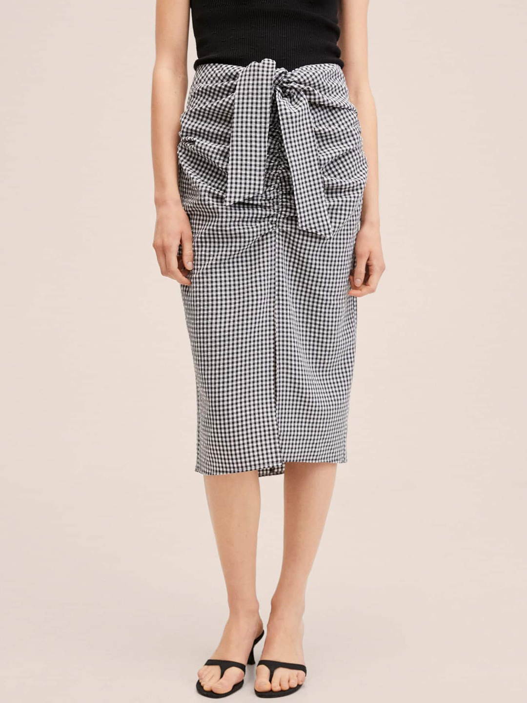 

MANGO Women Black & White Gingham Checked Midi Skirt