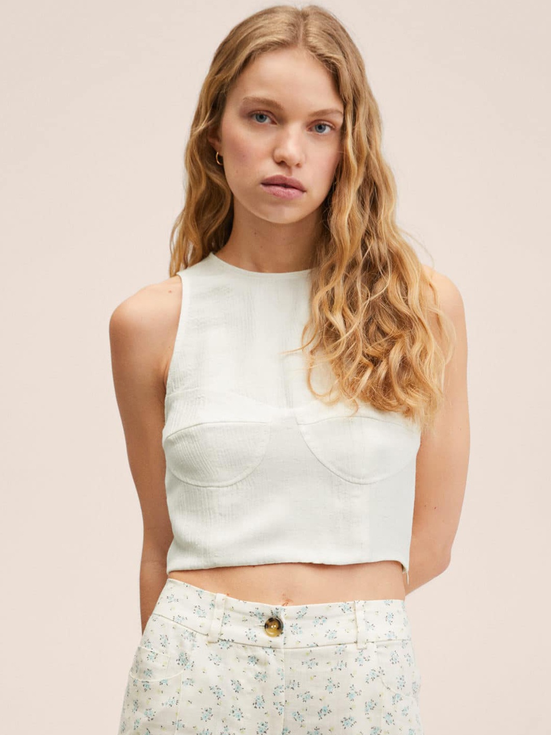 

MANGO Off White Solid Crop Top