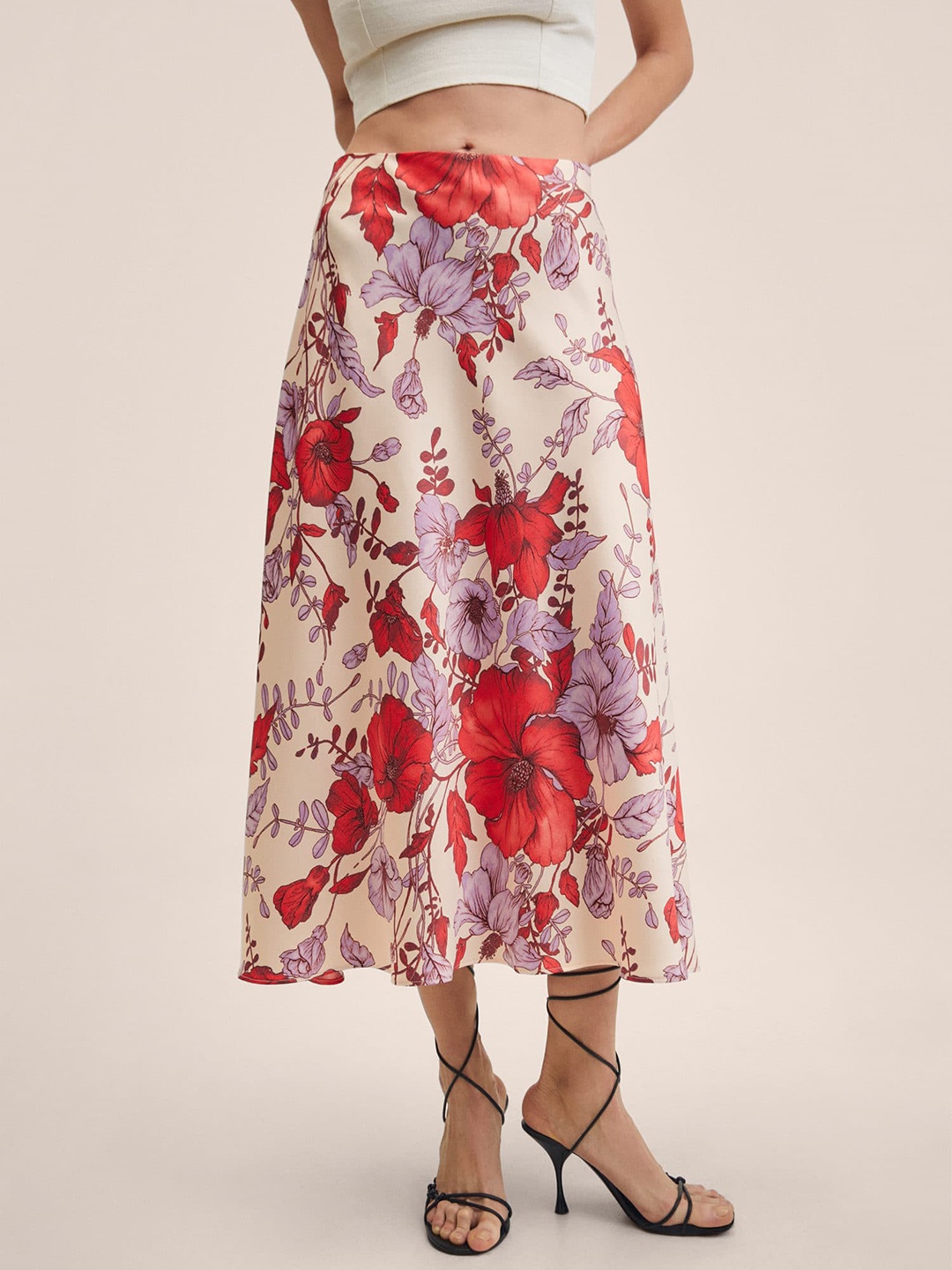 

MANGO Women Off-White & Lavender Floral Printed Midi Skirt