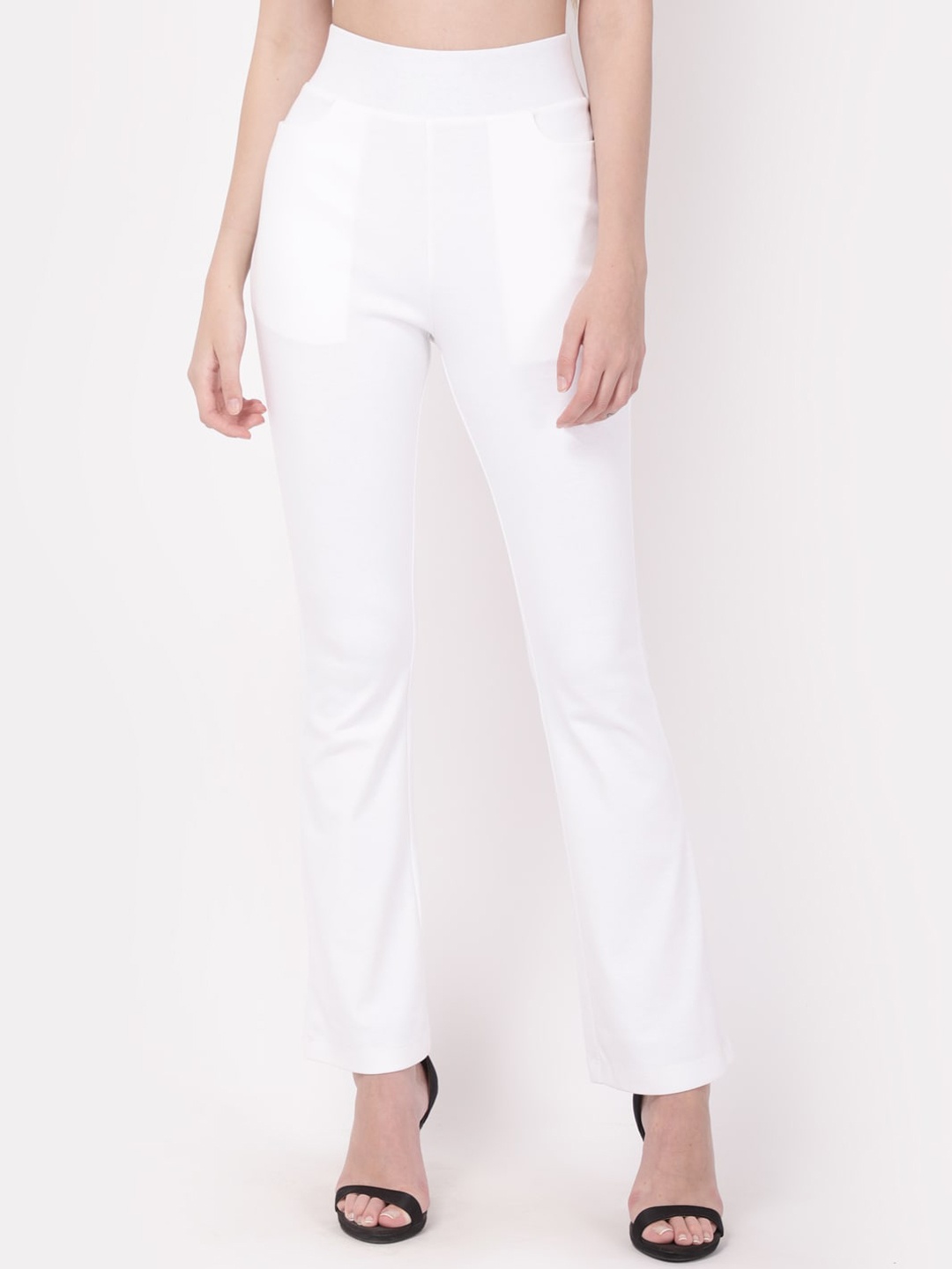 

YOONOY Women White Skinny Fit High-Rise Bootcut Trousers