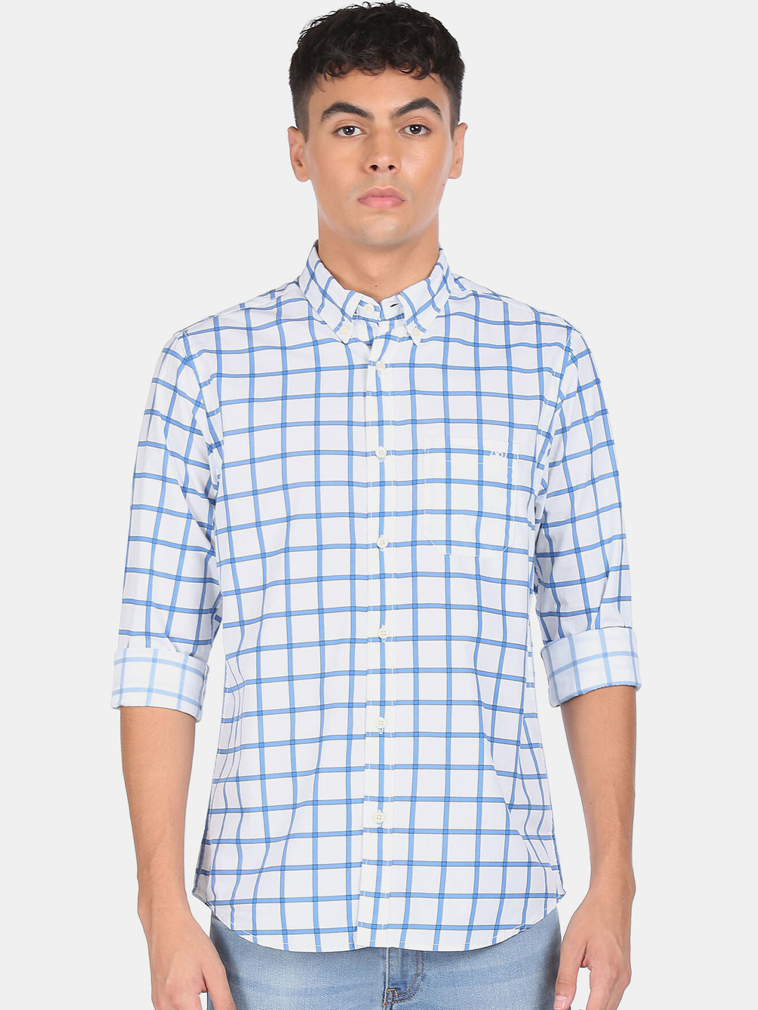 

Aeropostale Men White Grid Tattersall Checks Checked Casual Shirt