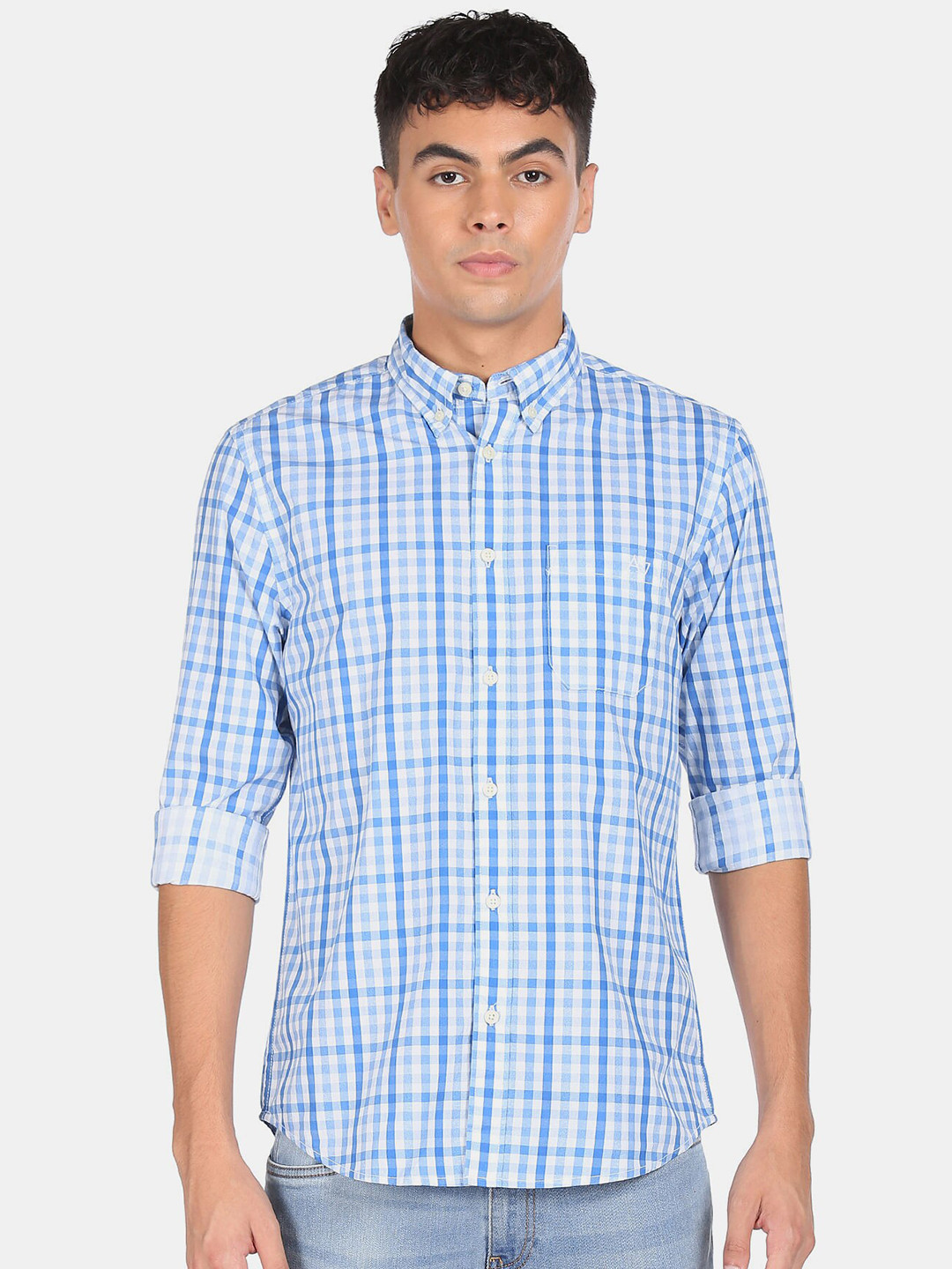 

Aeropostale Men Blue & White Grid Tattersall Checks Checked Casual Shirt