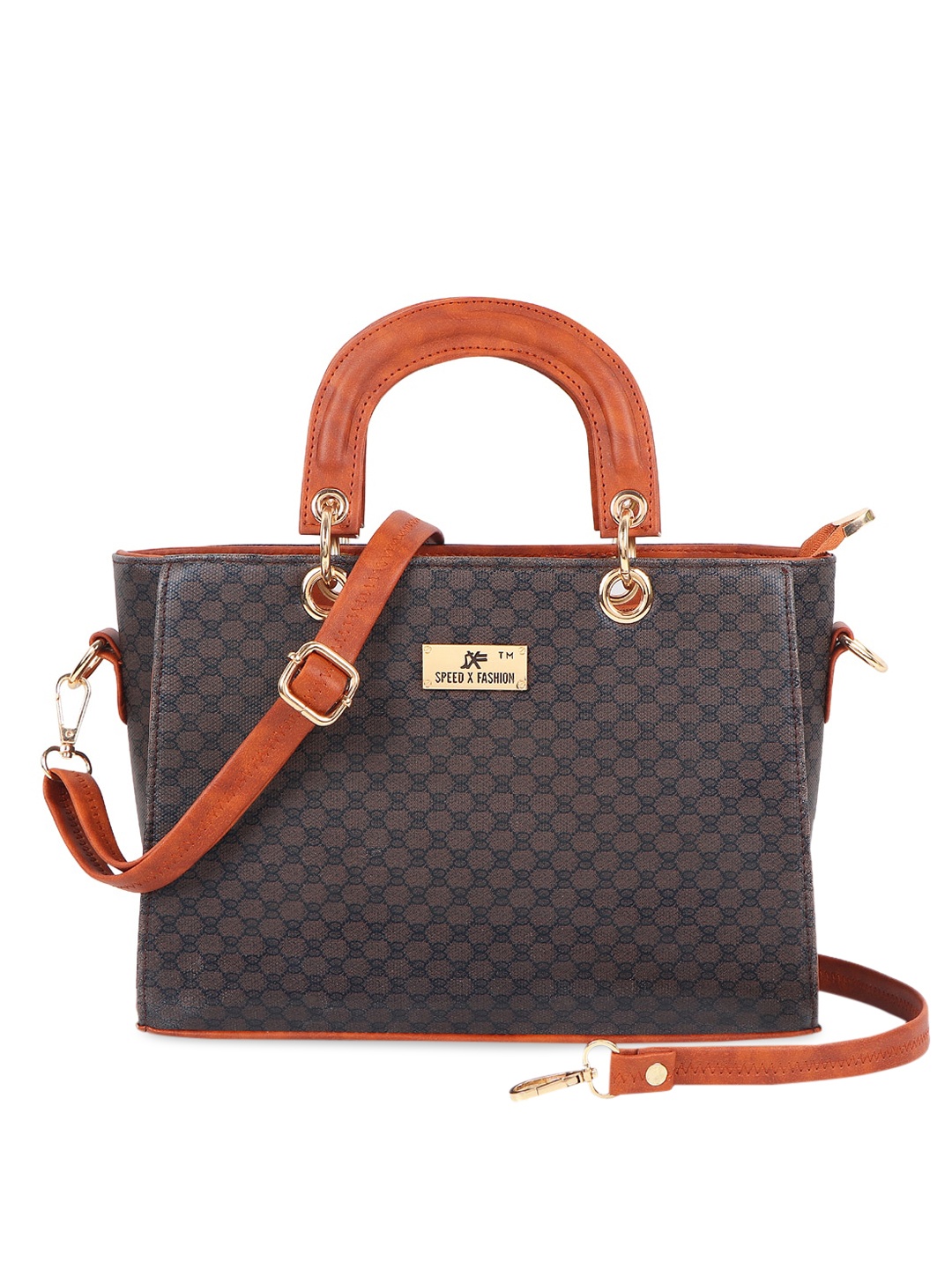 

SXF SPEED X FASHION Tan PU Structured Handheld Bag with Cut Work