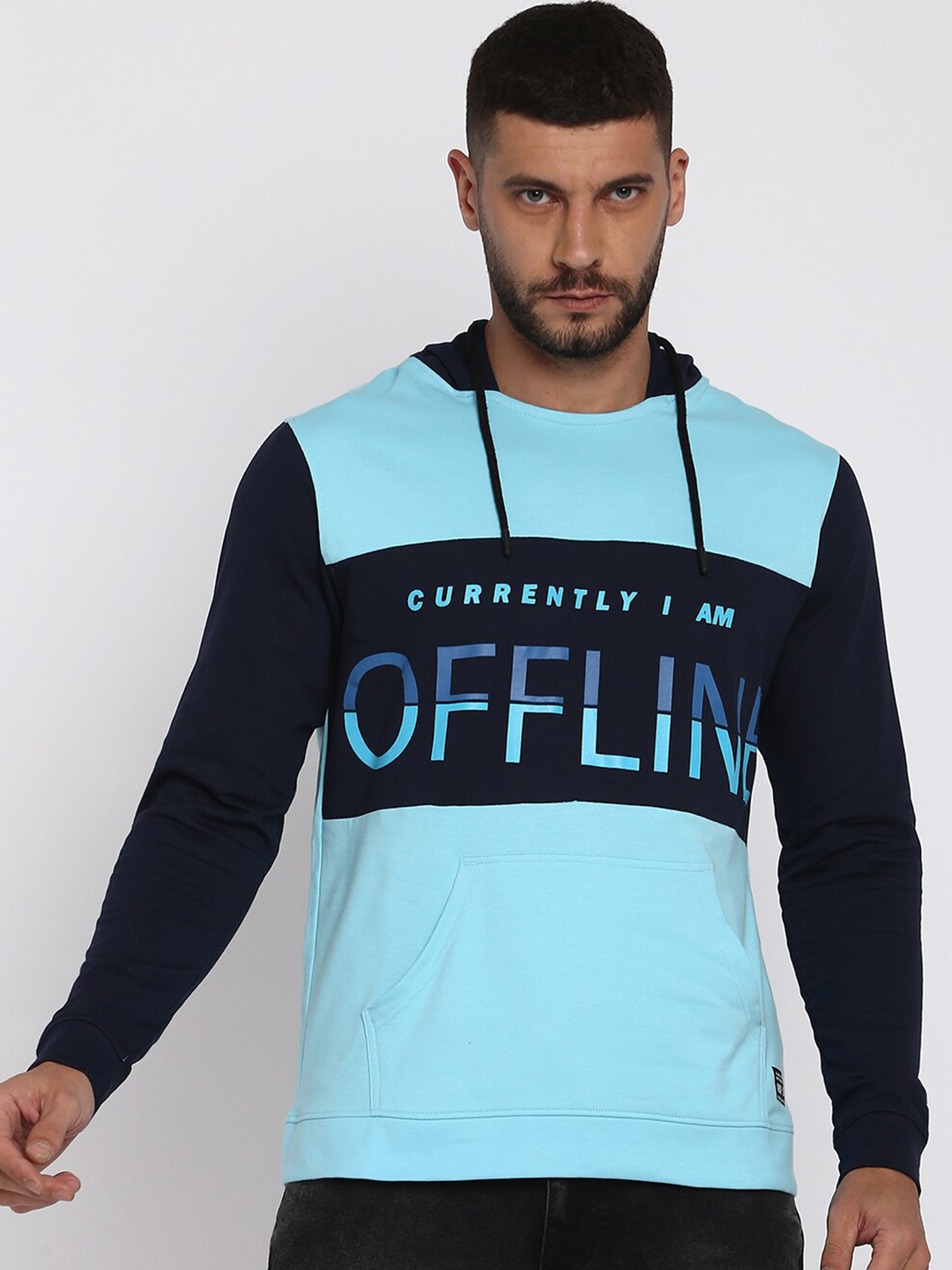 

abof Men Blue Colourblocked Hooded Sweatshirt