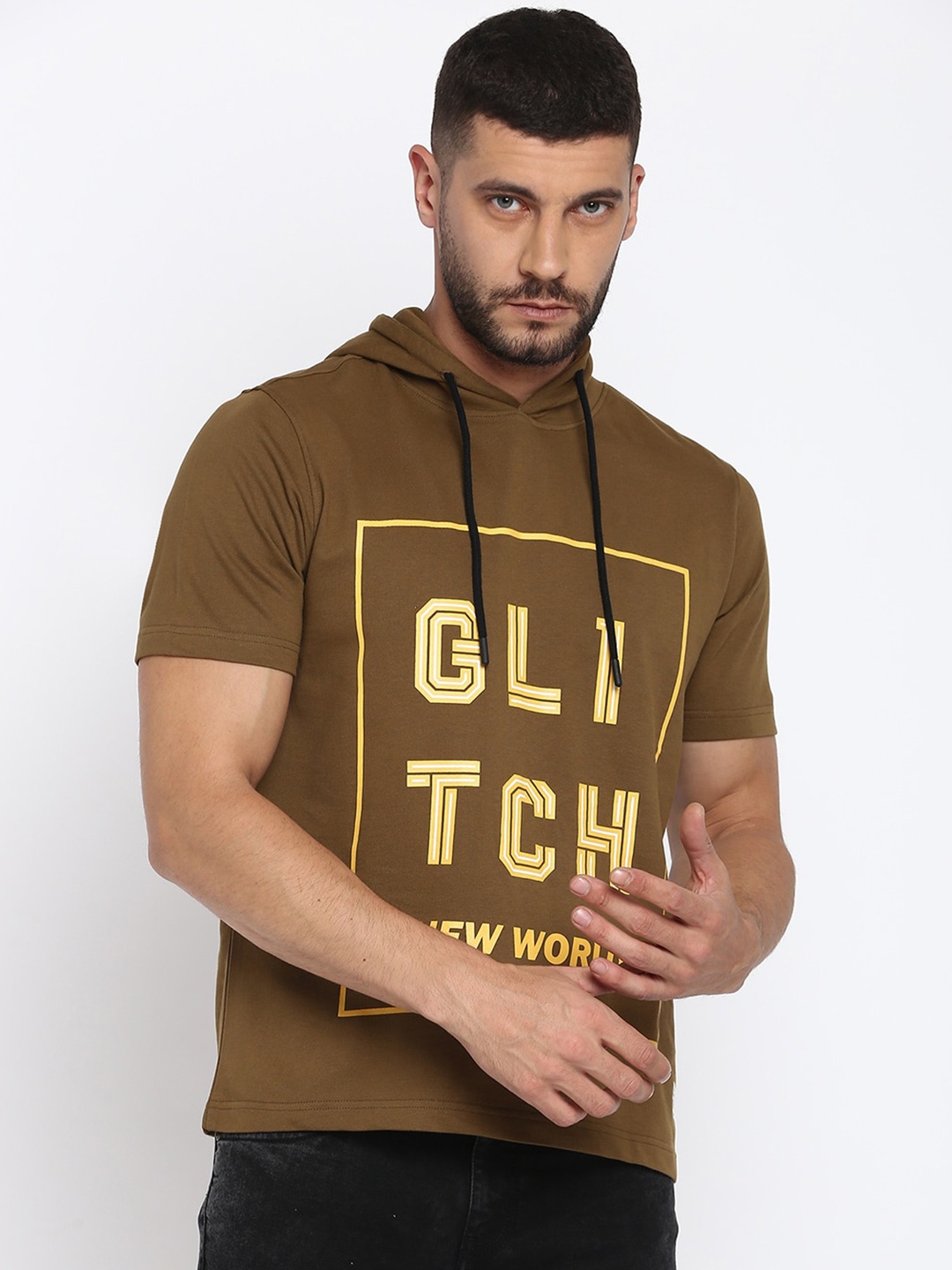 

abof Men Brown Printed Hooded Sweatshirt